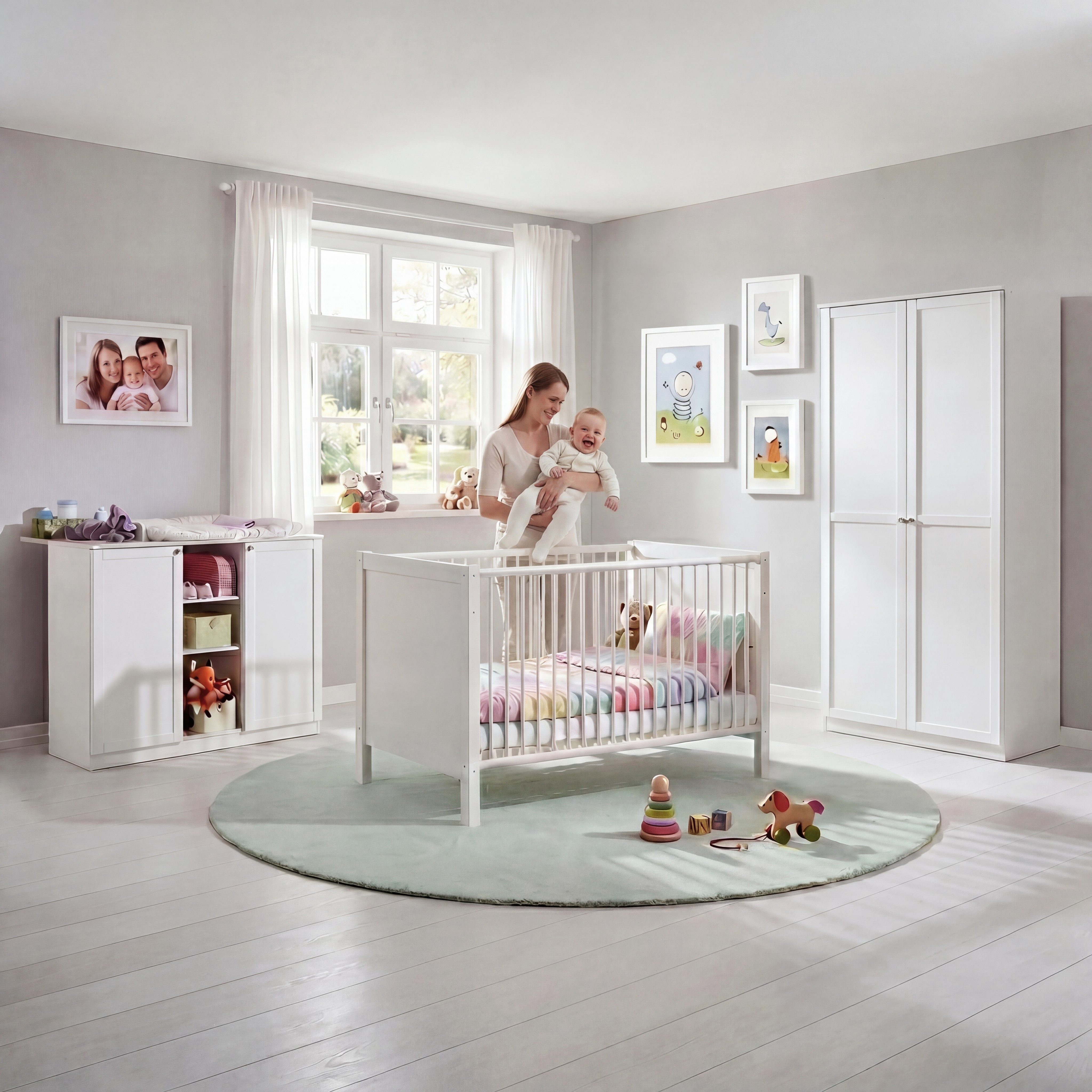 luma-home Babyzimmer-Komplettset 22801, (3-teilig – Babymöbel für Kinderzimmer mit Babybett 70x140 cm, Wickelkommode B122/H101/T75 cm), 2-tür. Kleiderschrank B90/H197/T58 cm, Soft-Close, Landhausstil Weiß