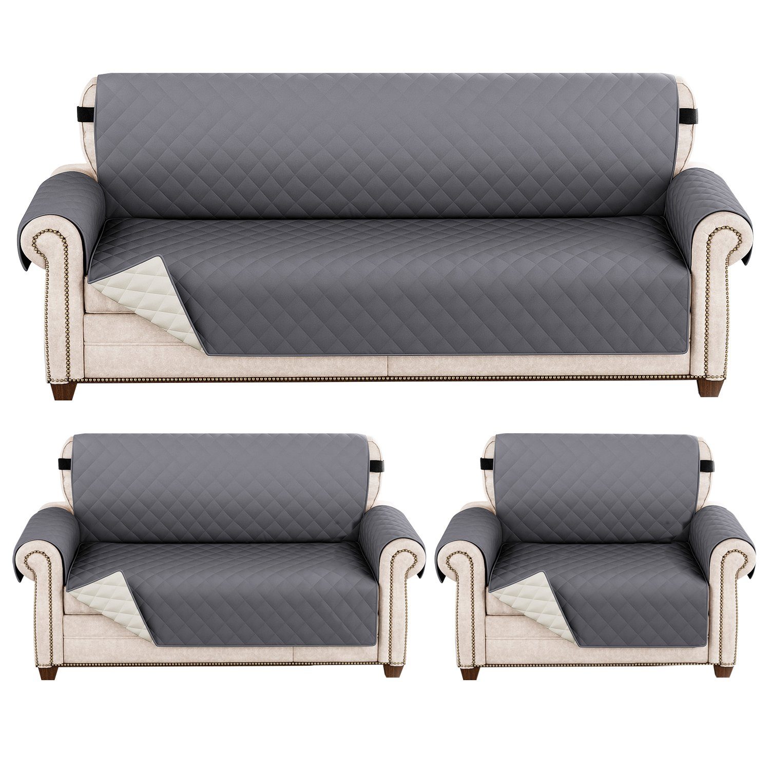 Sofahusse 1-3 Sitz, 3 Stück, Wasserabweisend, für Arm Sofa Haustiermatte, Rosnek, doppelseitig, mit elastischem Band Grau