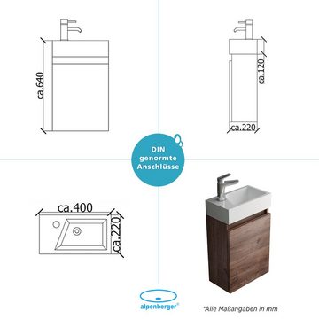 Alpenberger Badmöbel-Set Braun & Spiegel - Mineralguss Waschbecken mit Badezimmerunterschrank, (3-tlg. Komplett Vormontiert, 3-St., Komplettprogramme für Badezimmer), LED Beleuchteter Spiegel, Softclose Schrank platzsparend