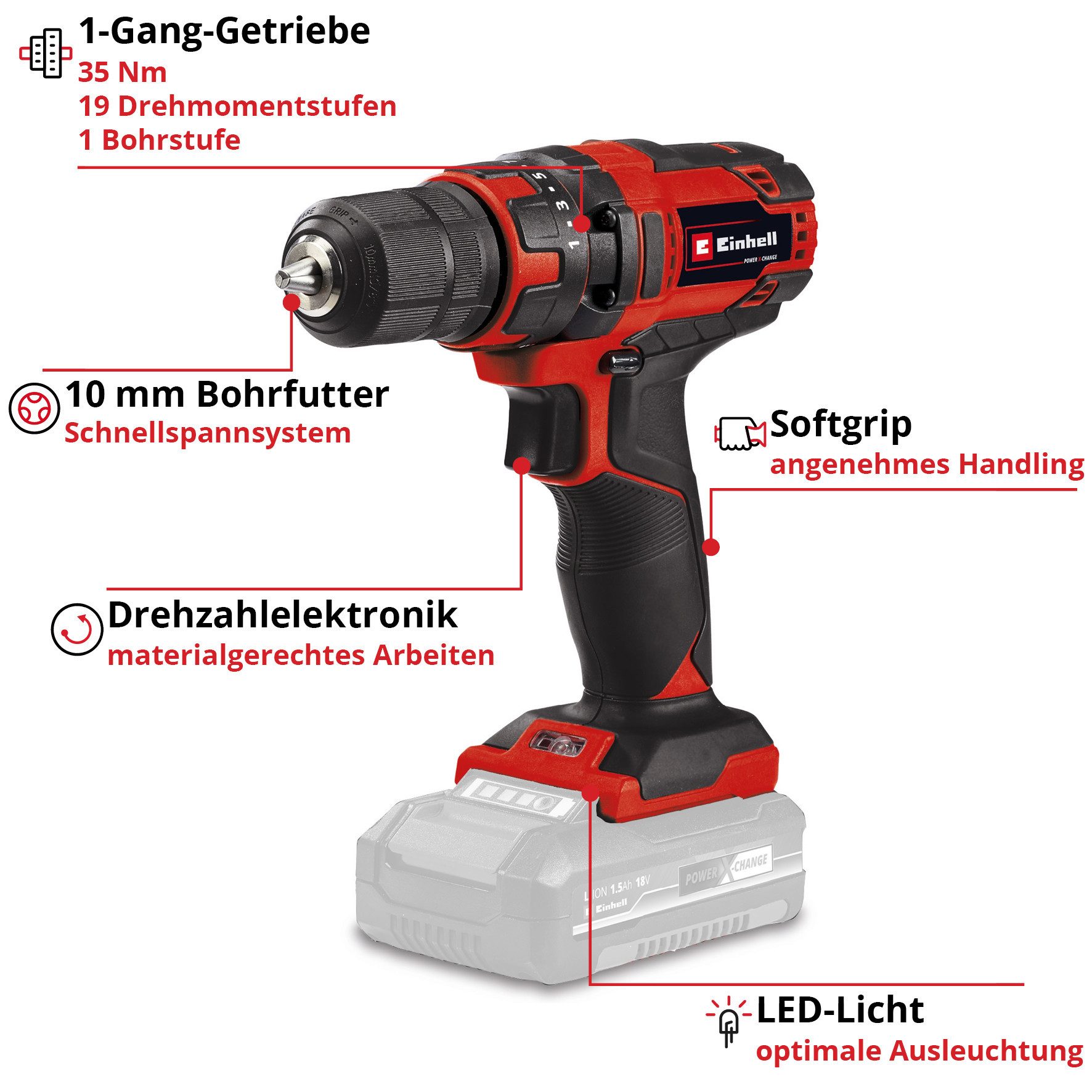 Einhell Akku-Bohrschrauber TC-CD 18/35 Li - Solo, max. 550 U/min, Power X-Change, ohne Akku und Ladegerät