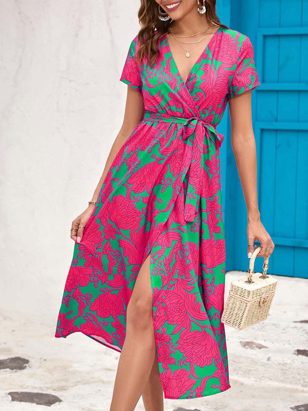 BlauWave Druckkleid Bedruckte Sommerkleider mit V-Ausschnitt (Bequem und langlebig, 1-tlg., Für den Alltag unterwegs) Tailliertes kurzärmeliges Strandkleid für Frauen