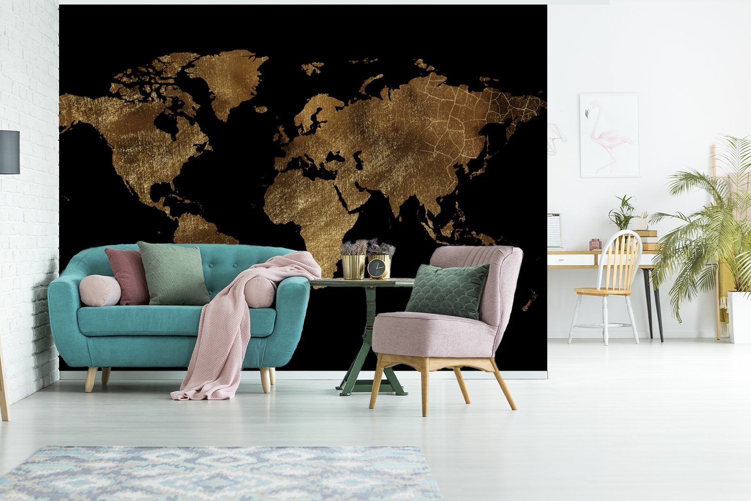 Weltkarte (6 Tapete Wallpaper Wohnzimmer, Schwarz, Matt, bedruckt, Vinyl Fototapete Schlafzimmer, - Gold - Luxus - Kinderzimmer, St), - MuchoWow Erde für
