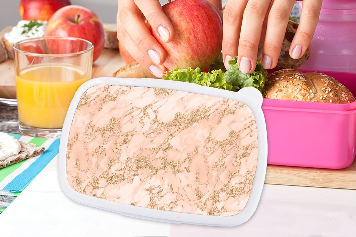 Brotdose MuchoWow Brotbox rosa - für - Marmor Snackbox, Erwachsene, Kunststoff Lunchbox Mädchen, (2-tlg), Kunststoff, Design, Luxus - Kinder, Glitzer