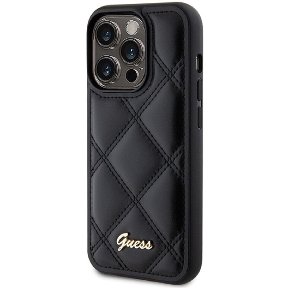 Guess Handyhülle Case iPhone 15 Pro Kunstleder schwarz mit Logo goldfarben 6,1 Zoll, Kantenschutz