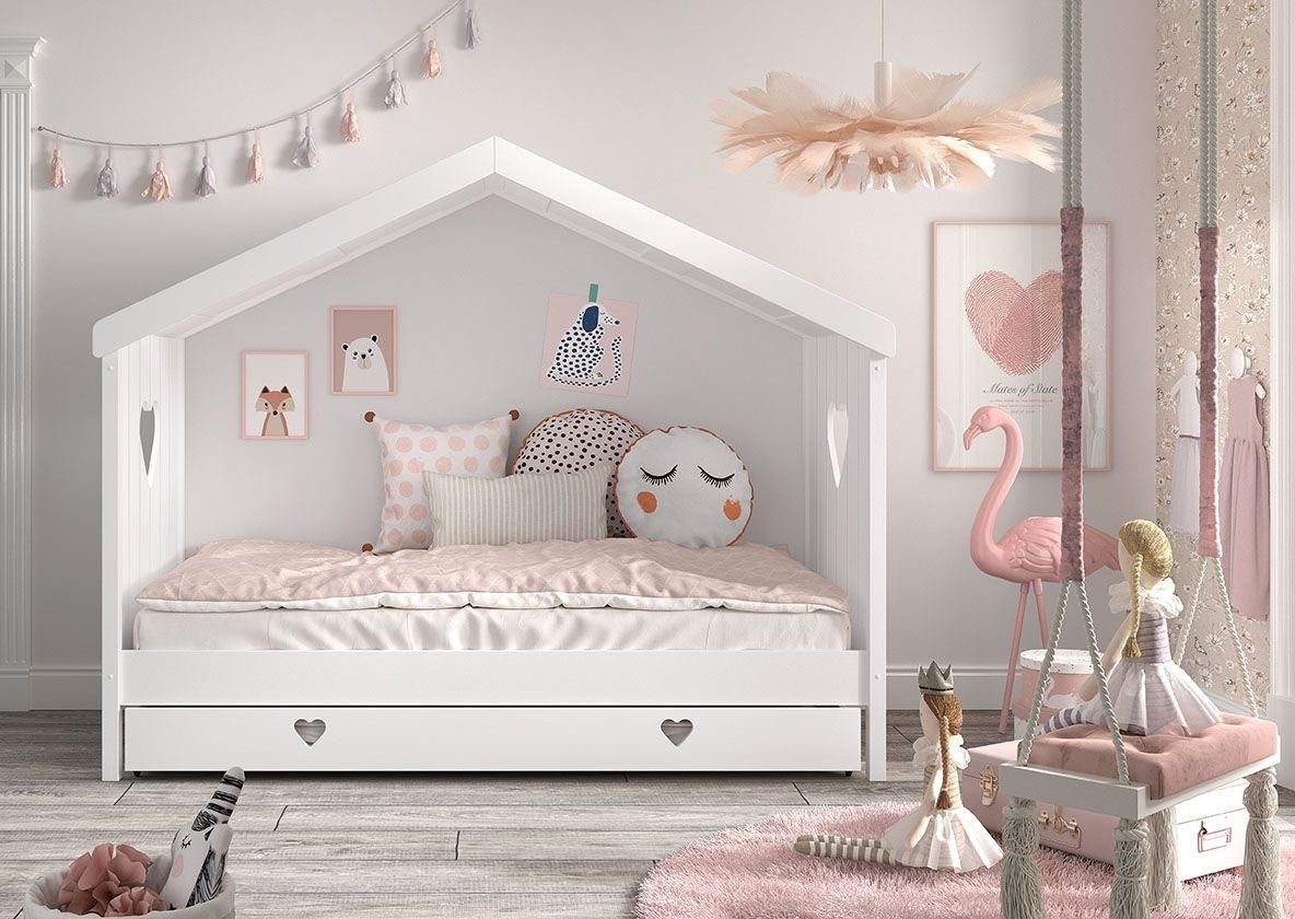 Natur24 Kinderbett Kinderbett Amori 90x200 Kiefer Weiß lackiert inkl. Rollrost, Schublade