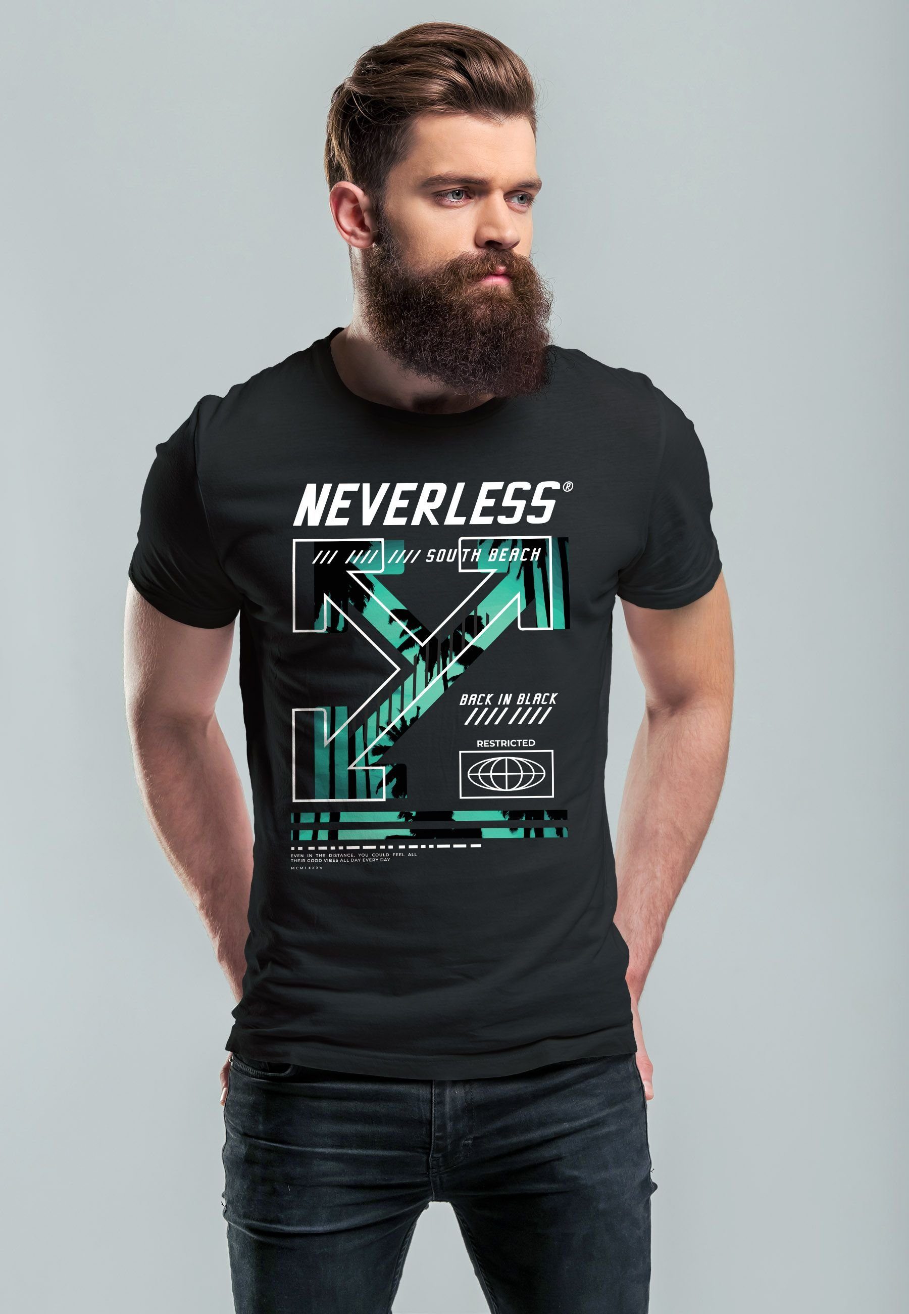 Neverless Print Fashion Print-Shirt Techwear Aufdruck Street Text T-Shirt mit Herren Beach Print schwarz South
