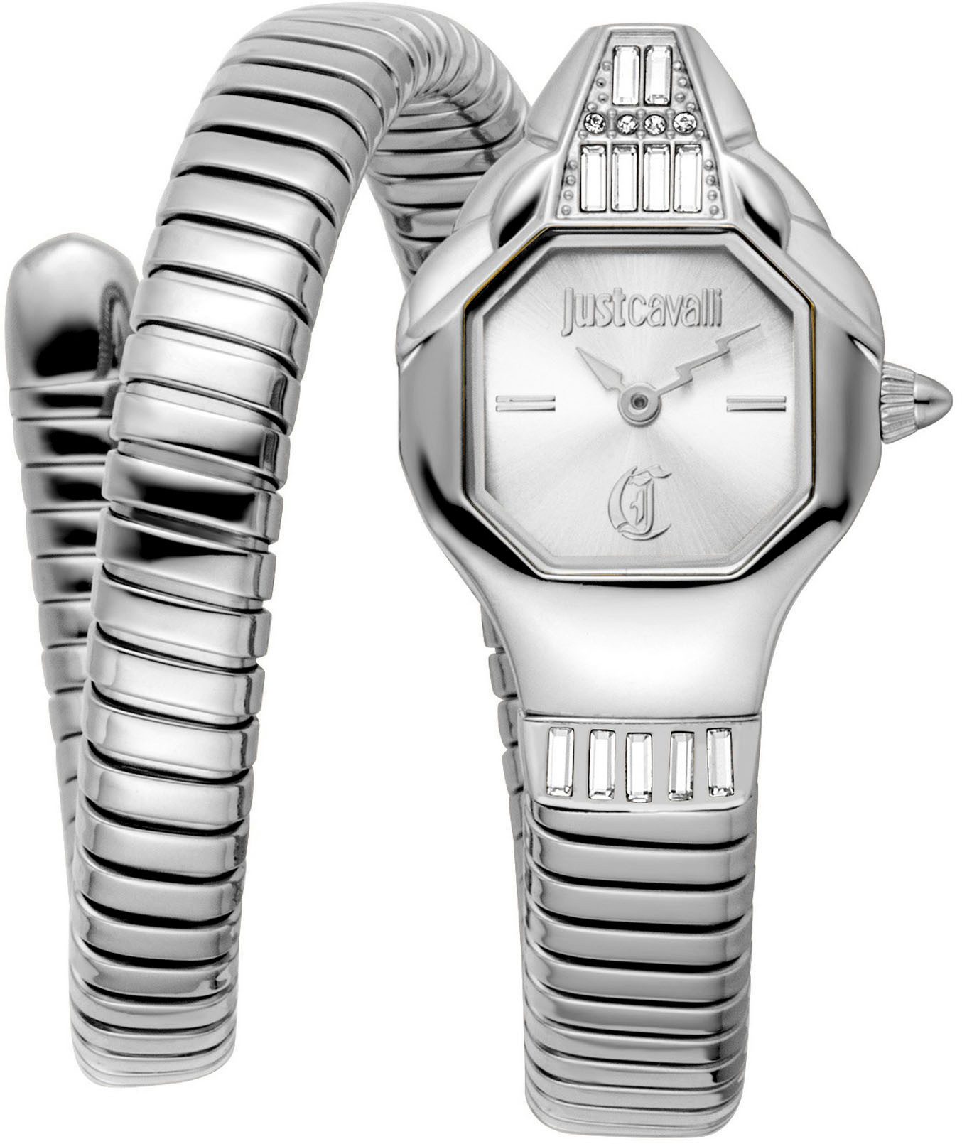 Just Cavalli Time Quarzuhr Signature Snake JC1L326M0015, Armbanduhr,Damenuhr,Edelstahlband,Perlmutt-Zifferblatt,Kristallsteine