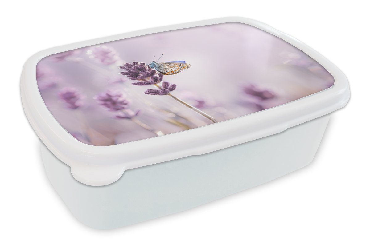 MuchoWow Lunchbox Lavendel - Schmetterling - Nahaufnahme - Lila, Kunststoff, (2-tlg), Brotbox für Kinder und Erwachsene, Brotdose, für Jungs und Mädchen weiß