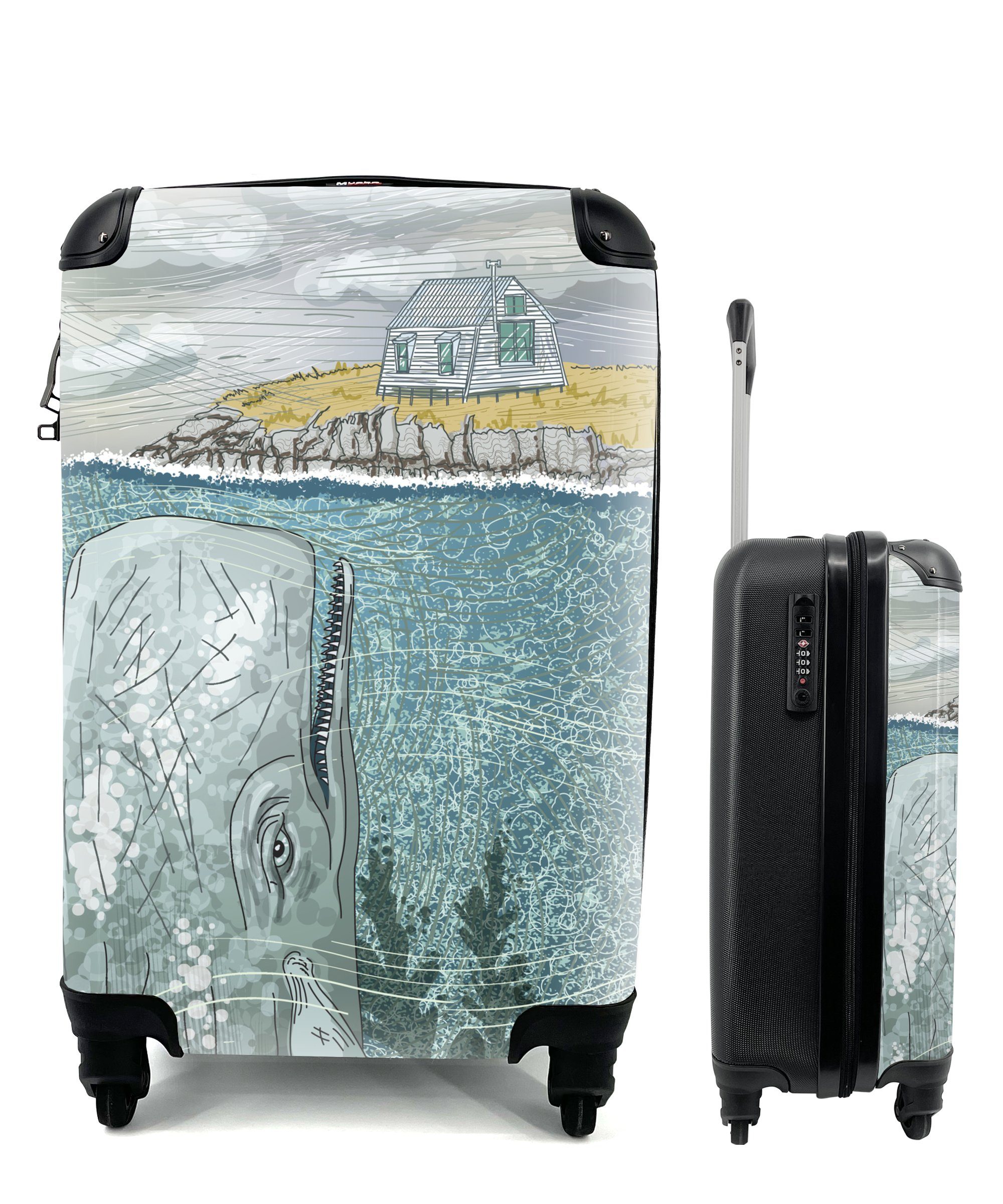 MuchoWow Handgepäckkoffer Eine Illustration eines riesigen Wals unter einem kleinen Haus, 4 Rollen, Reisetasche mit rollen, Handgepäck für Ferien, Trolley, Reisekoffer