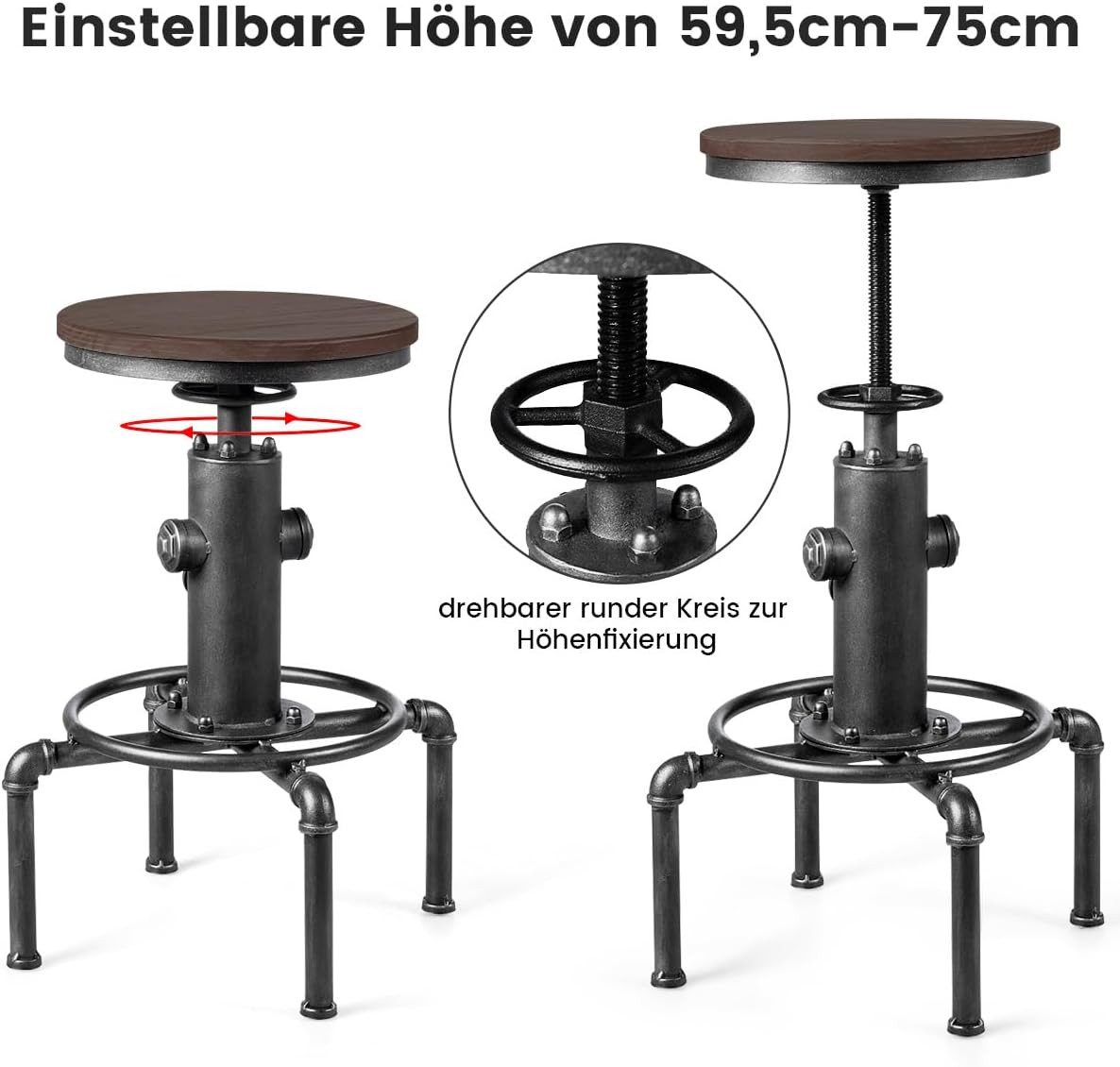 KOMFOTTEU Barhocker Bistrohocker, höhenverstellbar, 59,5-75 cm, aus Holz und Metall