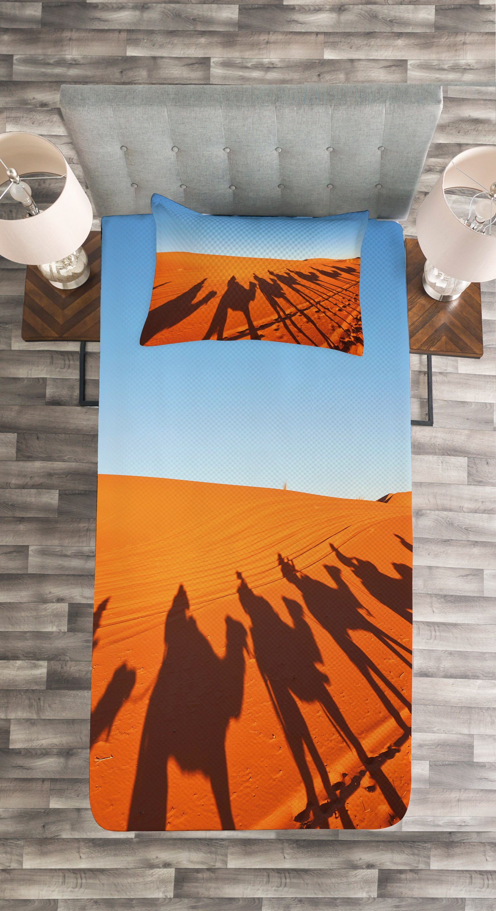Silhouette Kissenbezügen Waschbar, Wüste Kamel-Wohnwagen Abakuhaus, mit Tagesdecke Set