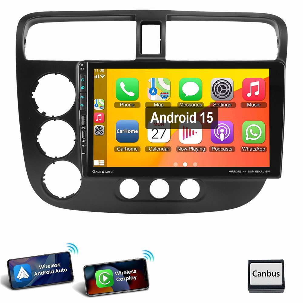 ESSGOO Für Honda Civic VII 2000-2005 Type-C USB Android 15 Autoradio (Digitalradio (DAB), RDS, FM, AM, Carplay Android Auto GPS Navi WIFI BT)