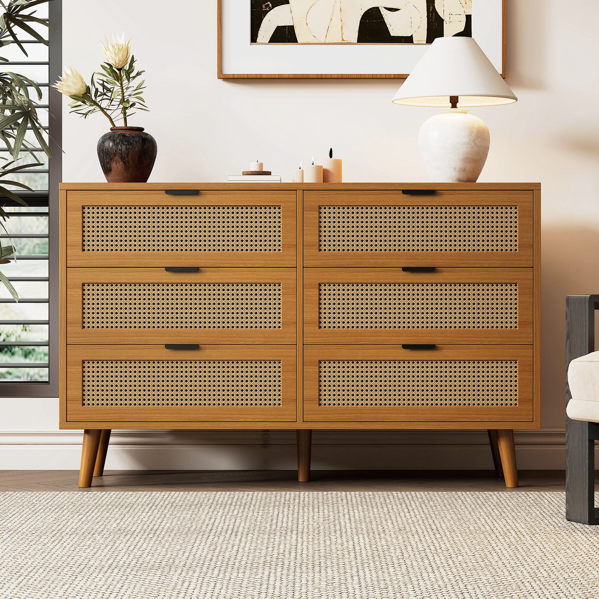 Merax Kommode mit 6 Schubladen, Schubkastenkommode, Sideboard Rattan geflecht, Massivholzbeine, B:120cm