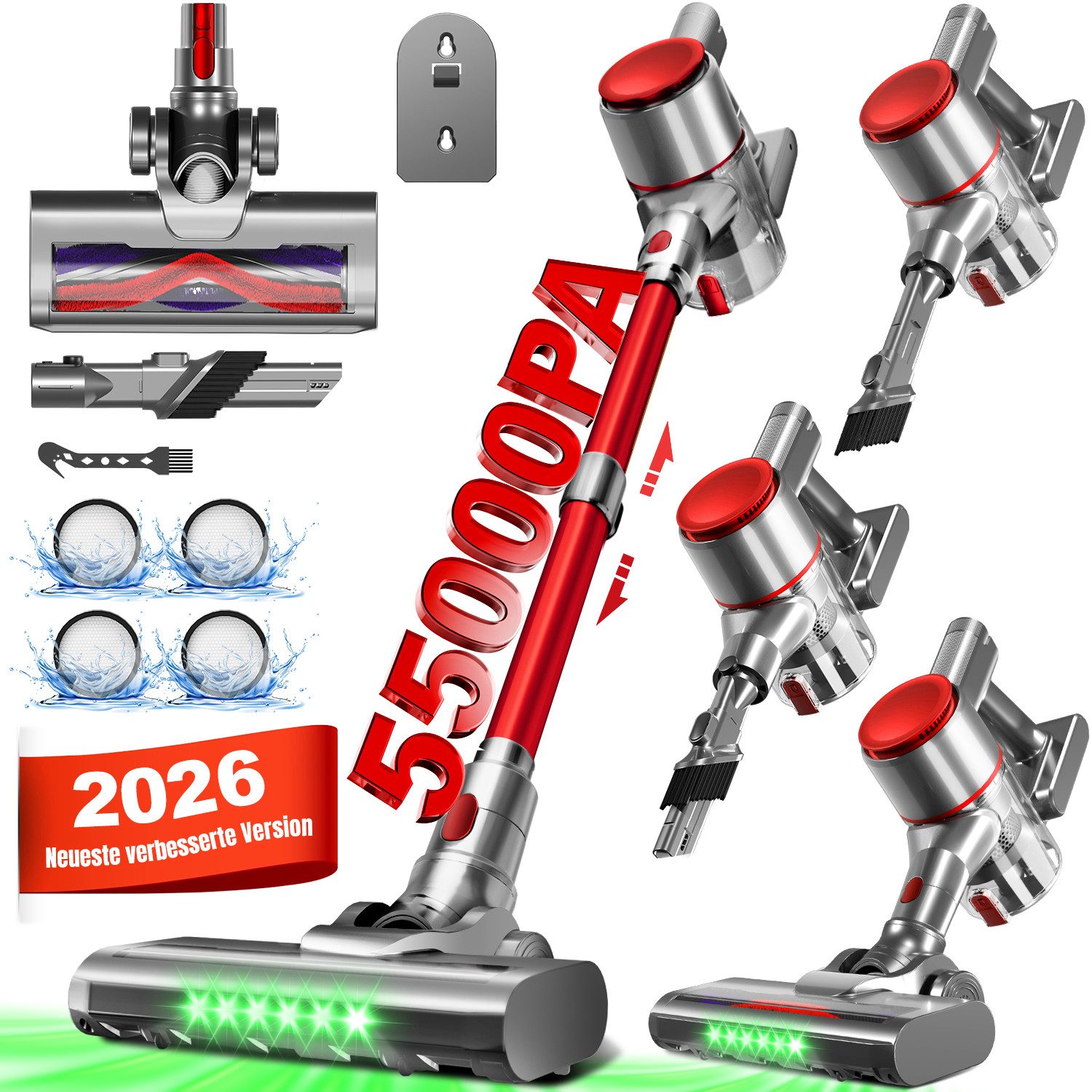 Adormii Akku-Hand-und Stielstaubsauger Akku staubsauger 55000Pa/50Min, Staubsauger Kabellos HEPA*4, 5-stufiges-8-Loch-Filtersystem,LED und V-förmige Anti-Tangle-Bürste, 58dB leise,für Teppich,Hartböden&Tierhaare