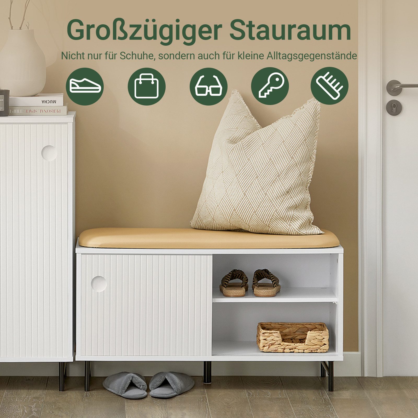SoBuy Schuhbank FSR116, mit Sitzfläche und Schiebetüren Sitzbank mit Stauraum Dielenbank