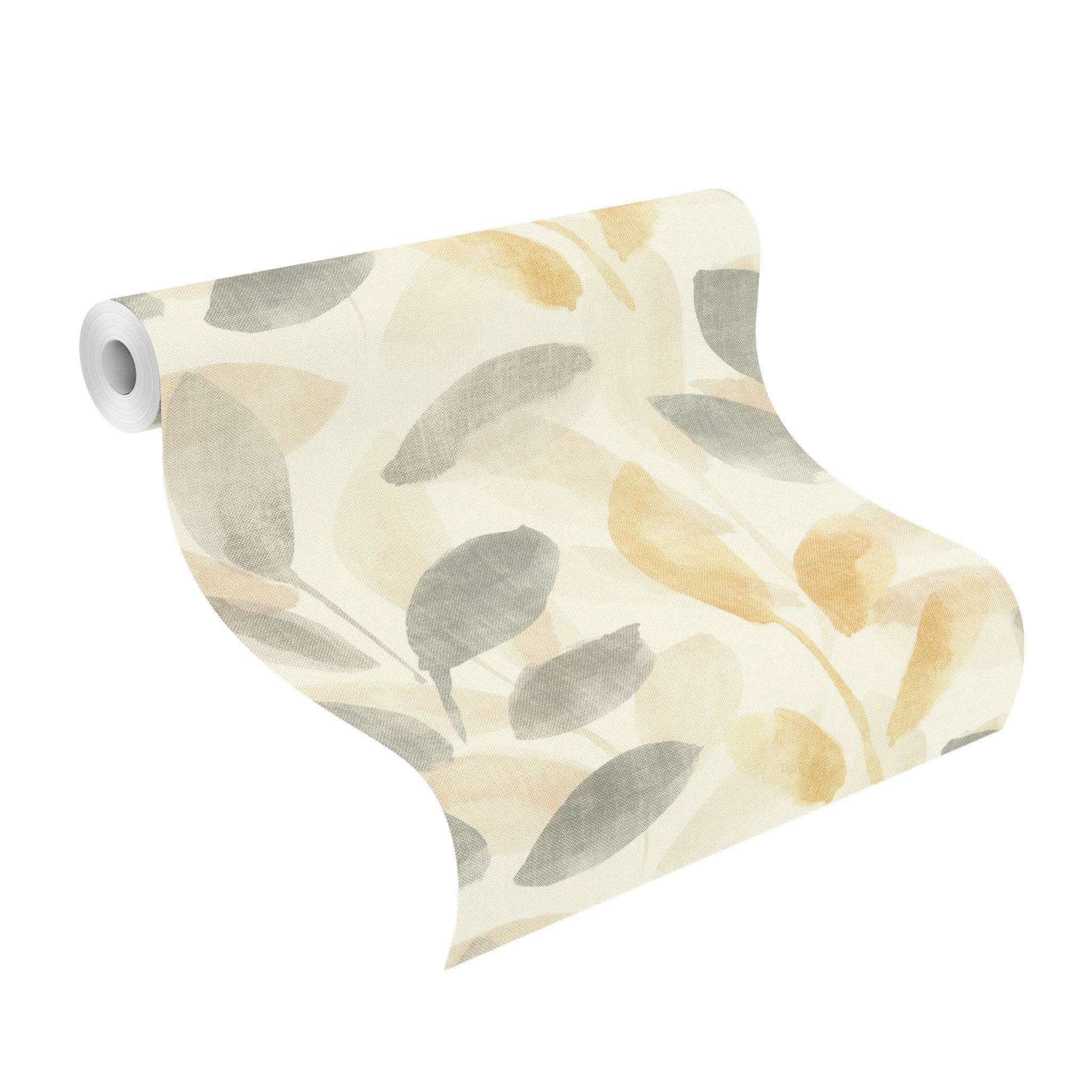 Rasch Vliestapete mit Blättern in Aquarelloptik in Gelb und Grau - Liverna 416329, strukturiert, natürlich, matt, gemustert, botanisch, (1 Rolle, 1 St), Blätter, Aquarelloptik