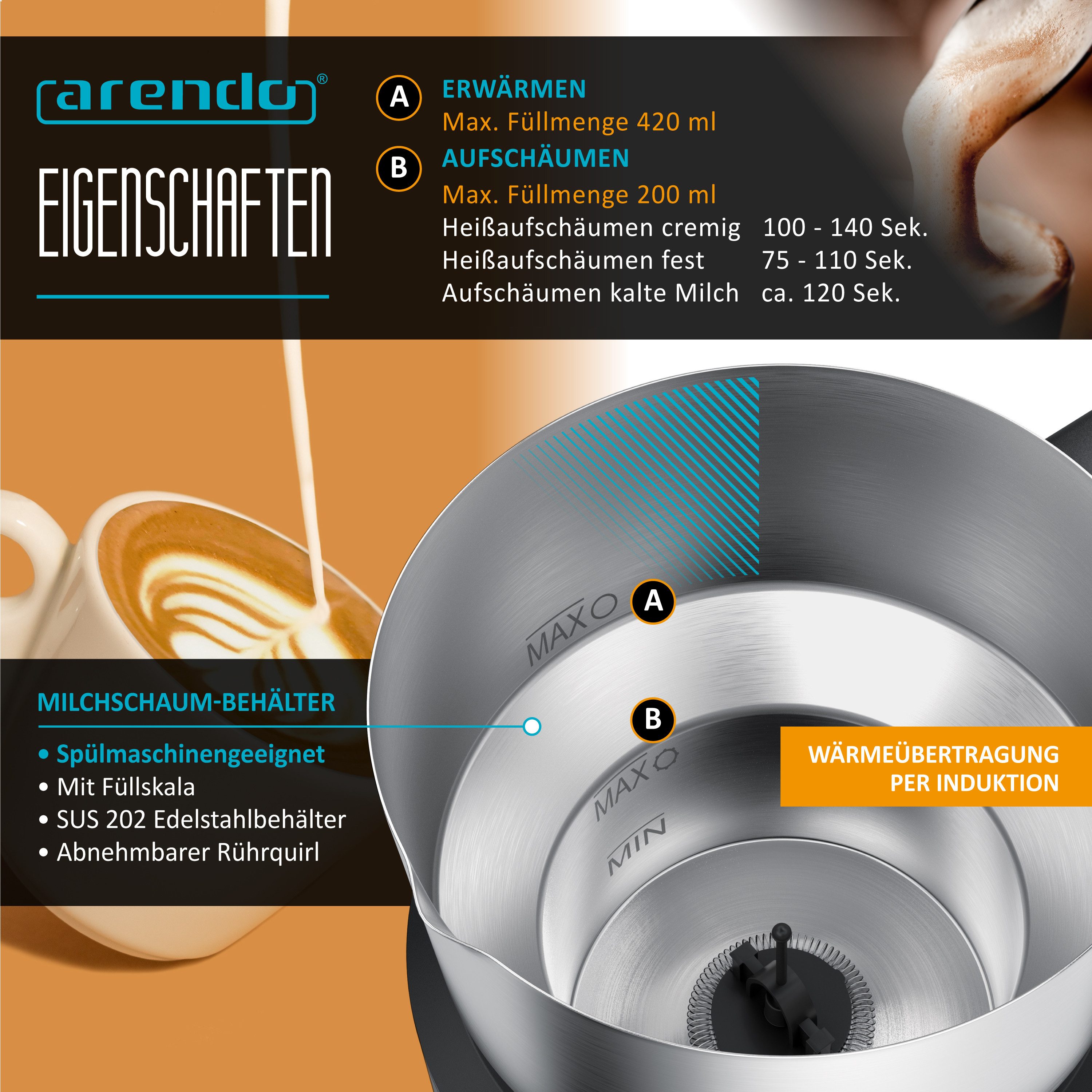 Arendo Milchaufschäumer 4in1 Induktion, warm & kalt Schaum, 400ml, Edelstahl, Latte Art, Milk, 550 W, spülmaschinengeeignet, Hafermilch, Kakao, Füllskala, Elektrisch