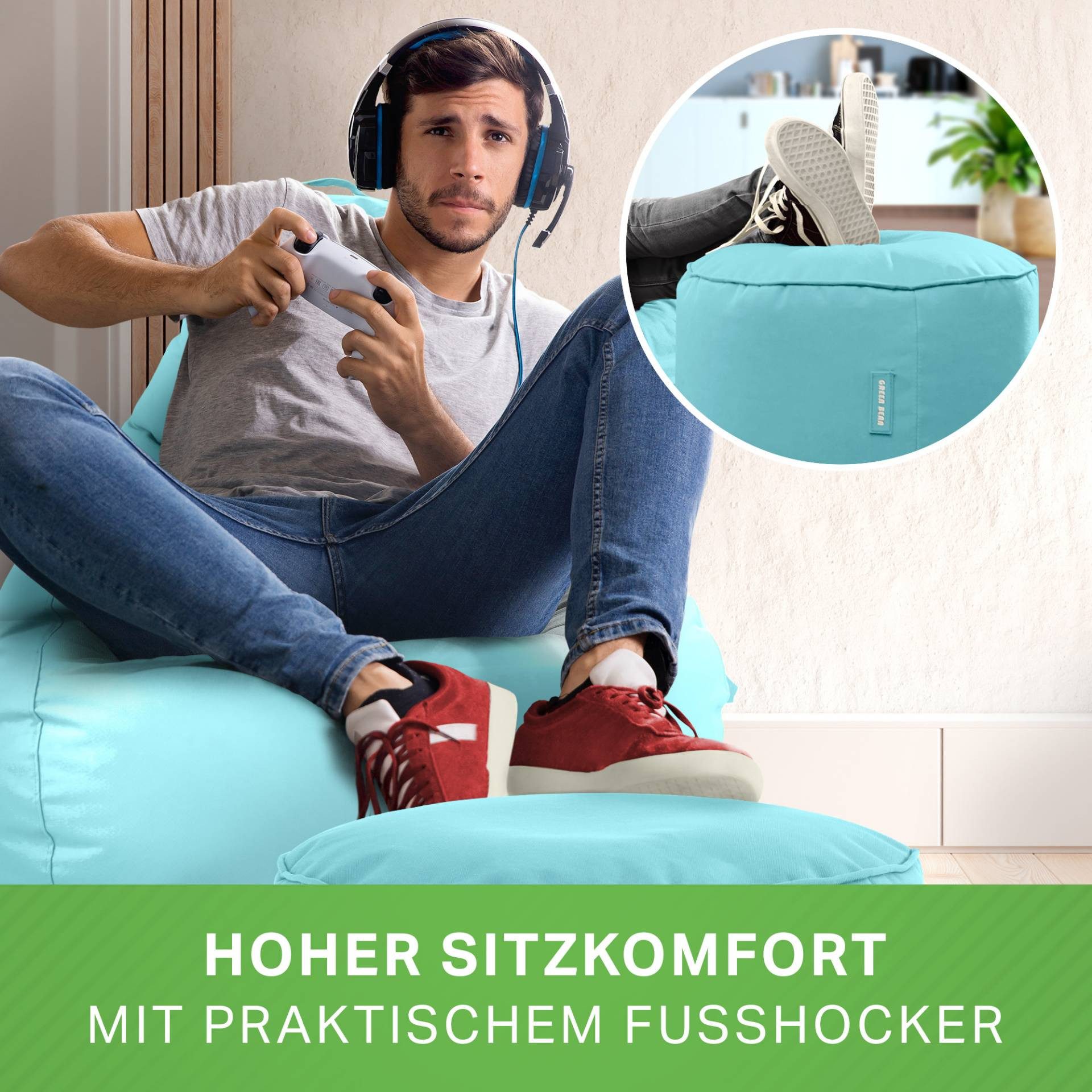Green Bean Sitzsack Gaming Sitzsack + Hocker Cozy+Cube (Gaming Chair mit Fußhocker), Set Sitzsack mit Sitzhocker, Sitzkissen, Relax-Sessel