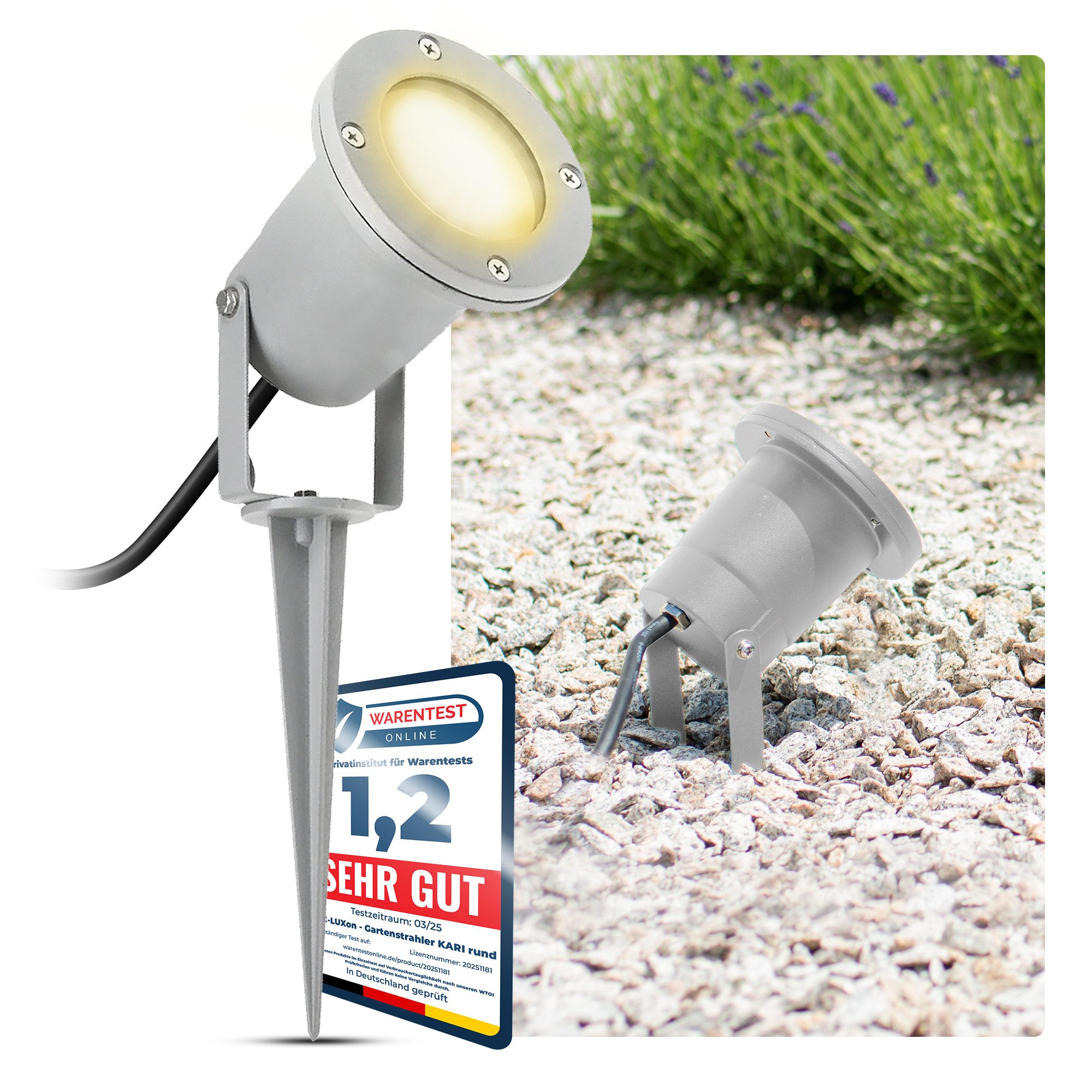 SSC-LUXon LED Gartenstrahler Gartenstrahler KARI mit Erdspiess grau & Kabel incl. 3W GU10 LED, Warmweiß bis Tageslicht