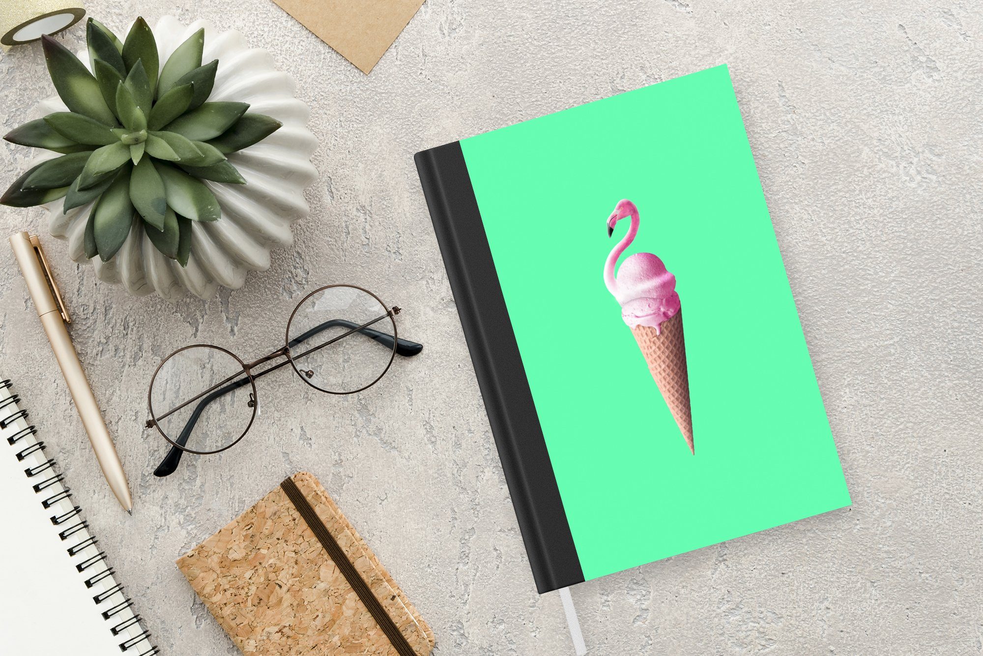 Eiscreme - A5, Flamingo - MuchoWow - Notizbuch Rosa Tagebuch, Merkzettel, Journal, - 98 Eistüten Grün, Haushaltsbuch Seiten, Notizheft,