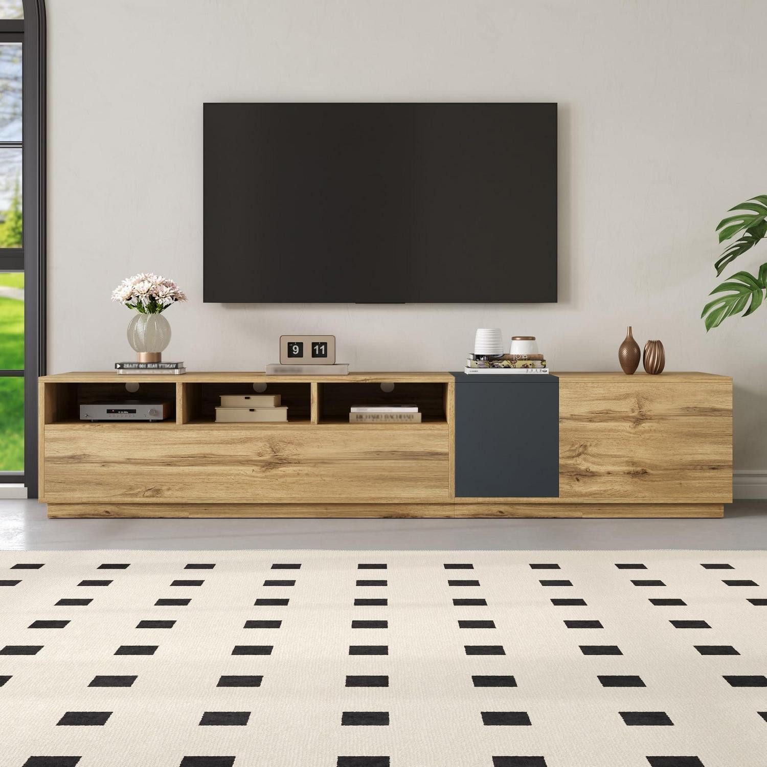 LuxusKollektion TV-Board Lowboard TV offene Fächer Schwarz und Naturfarbe(200x45x45cm)