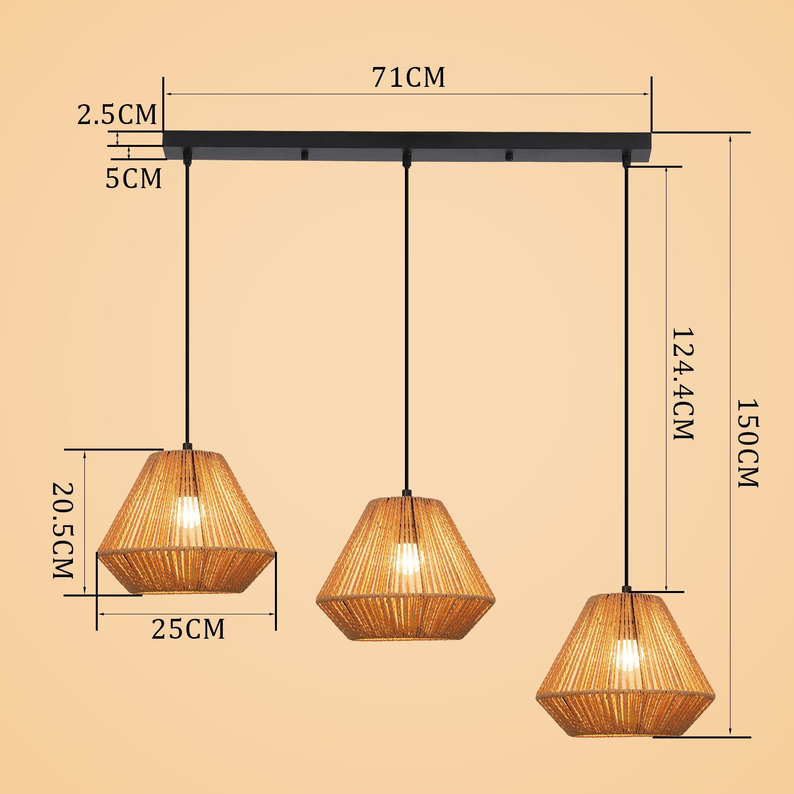 Nettlife Pendelleuchte Rattan 3 flammig Boho E27 Hängeleuchte für Esstisch, Ohne Leuchtmittel, für Esstisch Esszimmer Schlafzimmer Wohnzimmer – Bild 3 von 5