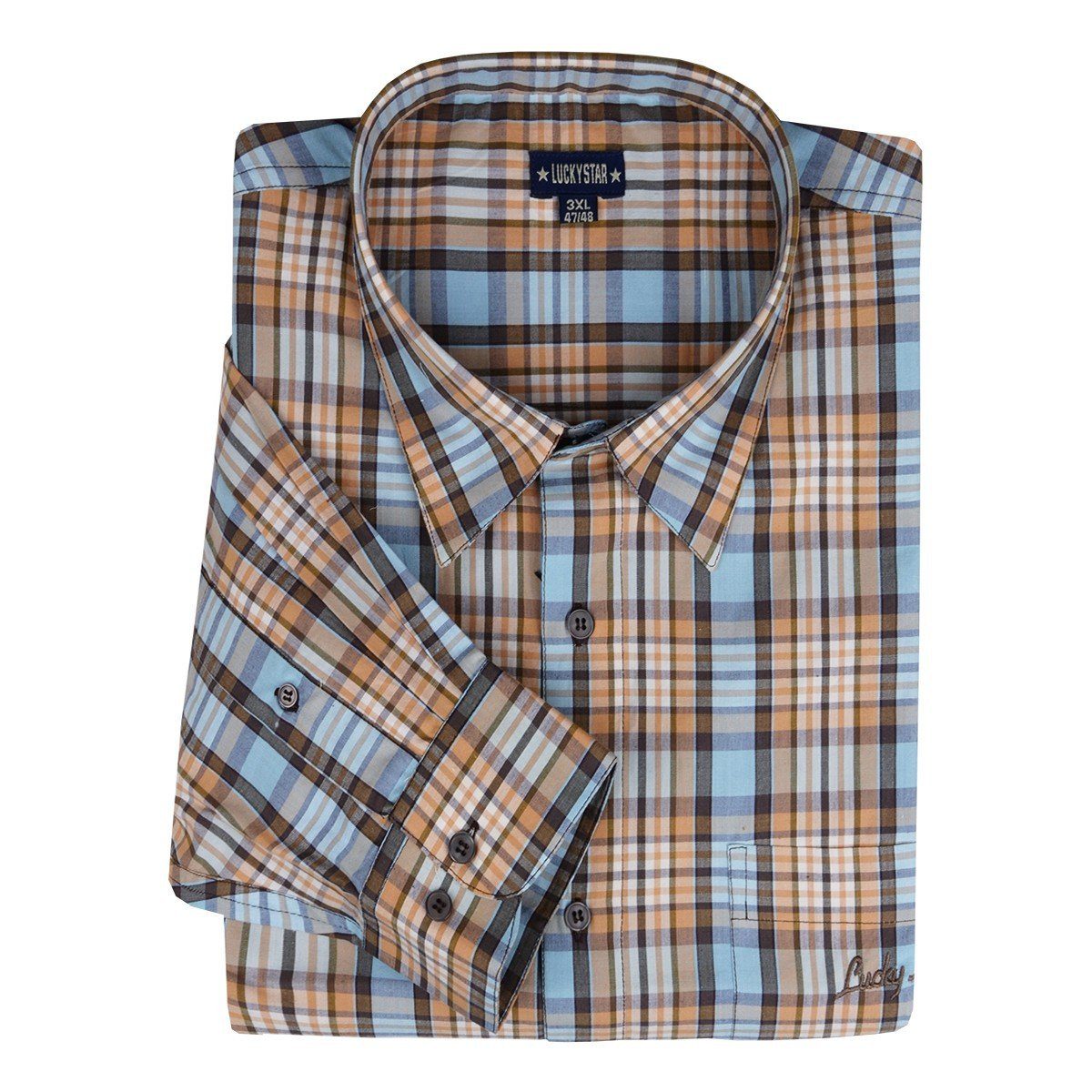 Lucky Star Langarmhemd Hellblau kariertes XXL Langarmhemd Kurzgröße Lucky Star
