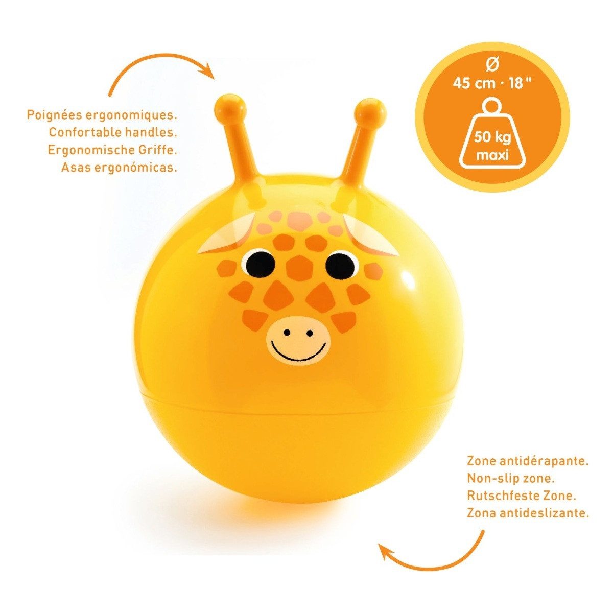 DJECO Hüpfball Ergonomischer Hüpfball für Kinder, rutschfest, Ø 40–45 cm, bis 60 kg