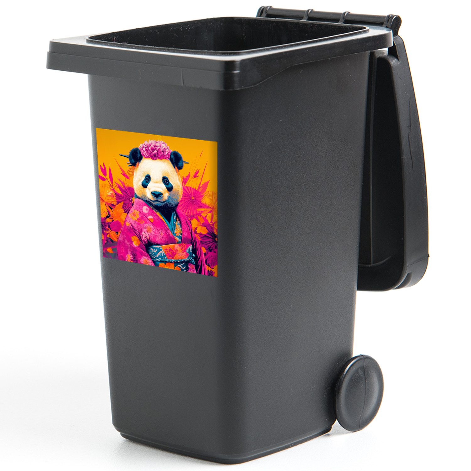 MuchoWow Wandsticker Kimono - Rosa - Panda - Blumenkrone (1 St), Mülltonnen-Aufkleber, Mülleimer, Mülltonne, Sticker, 40x40 cm