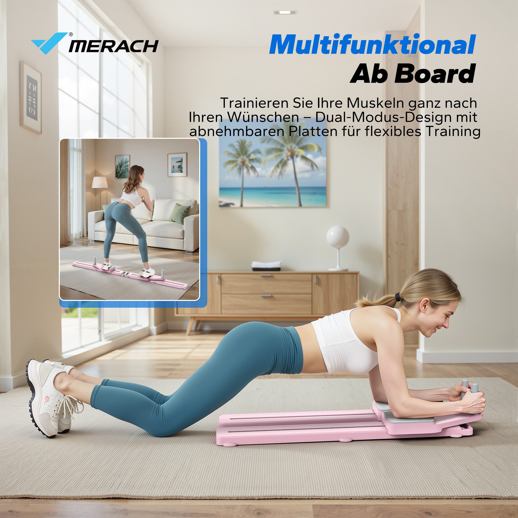 MERACH Pilates-Reformer 4-in-1 Pilates-Board, Push-Up-Bauchmuskel-Roller, (2-tlg, 6,8kg Widerstandsband, Core-Training für Bauch, Arme, Beine, 1-tlg., zerlegbarem Design, Kniepolster, Heimstudio-tauglich, Anti-Rutsch), Platzsparend, Bauchmuskelübungsgerät für Ganzkörpertraining