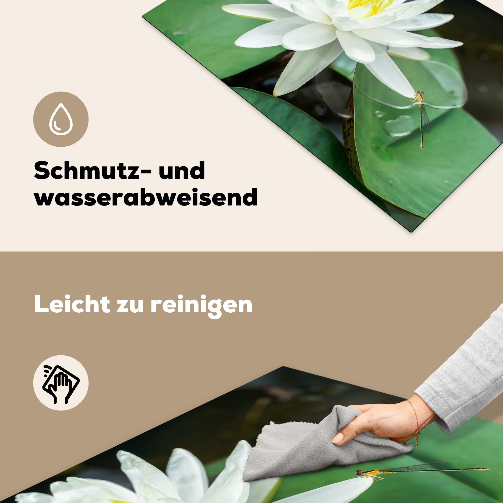 81x52 auf für Herdblende-/Abdeckplatte Ceranfeldabdeckung die Lotus, küche, MuchoWow Schutz cm, Libelle Vinyl, Induktionskochfeld weißem (1 tlg),