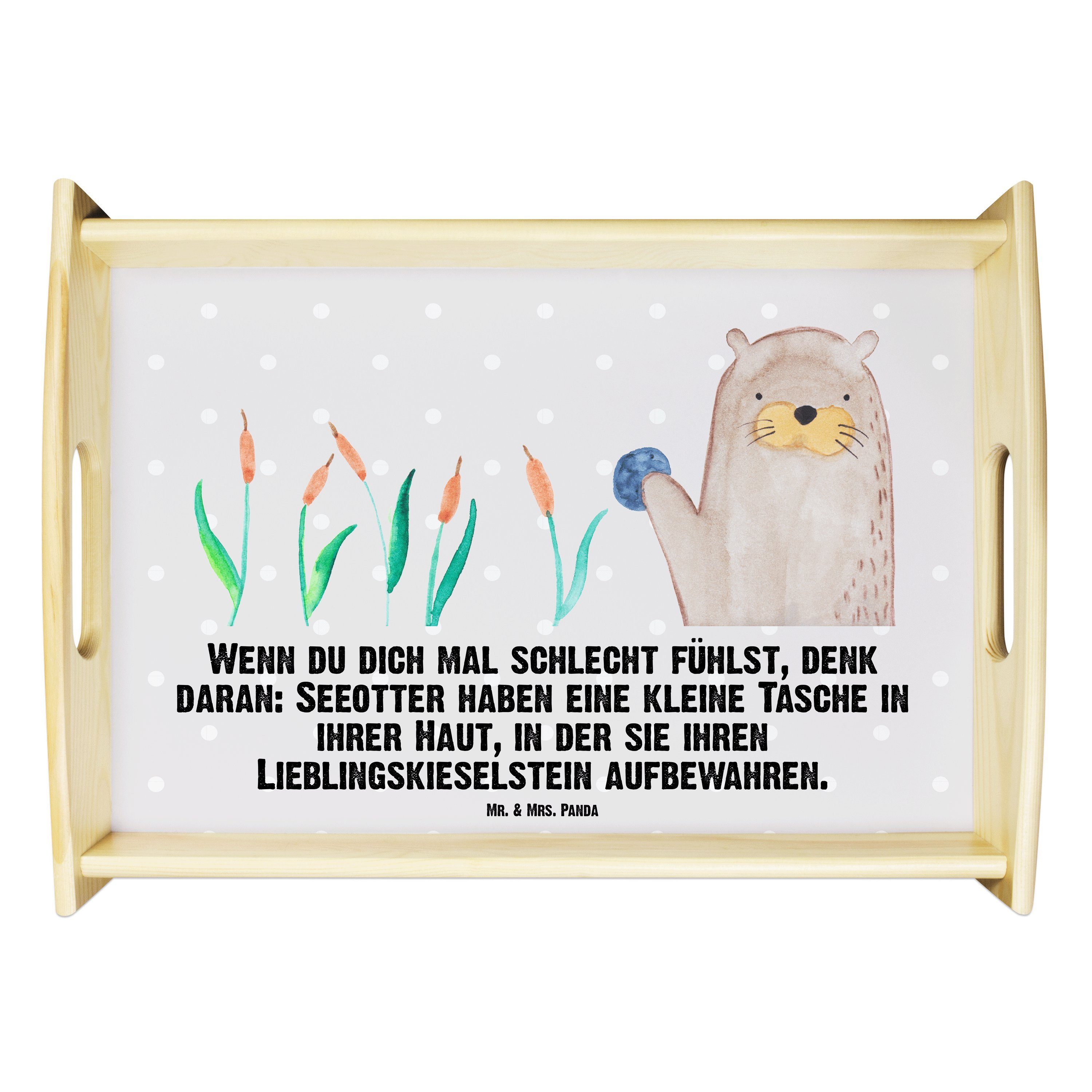 Mr. & Mrs. Panda Tablett Otter mit Stein - Grau Pastell - Geschenk, Seeotter, Küchentablett, m, Echtholz lasiert, (1-tlg)