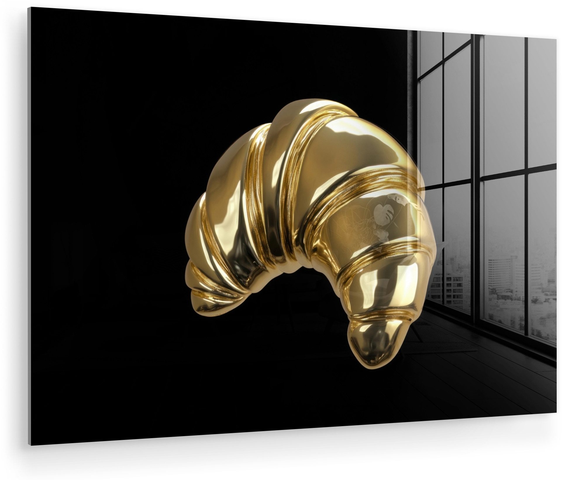 MuchoWow Acrylglasbild Croissant - Brot - Gold - Schwarz, Inkl. Aufhängung, Glasbilder Wohnzimmer, Schlafzimmer, Flur & Esszimmer, 30x20 cm