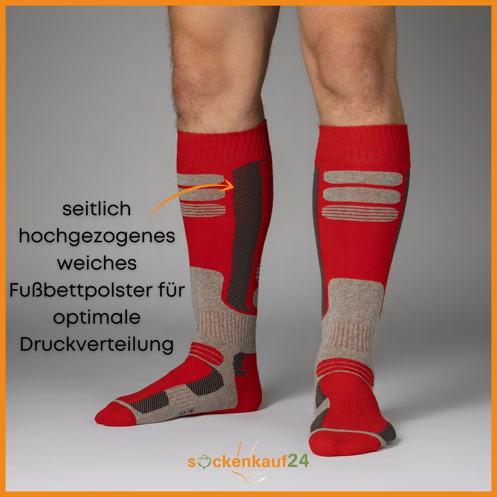 sockenkauf24 Skisocken 2 Paar Ski Strümpfe Herren & Damen Ski Socken lang (Schwarz/Rot, 43-46) Atmungsaktiv - 42816