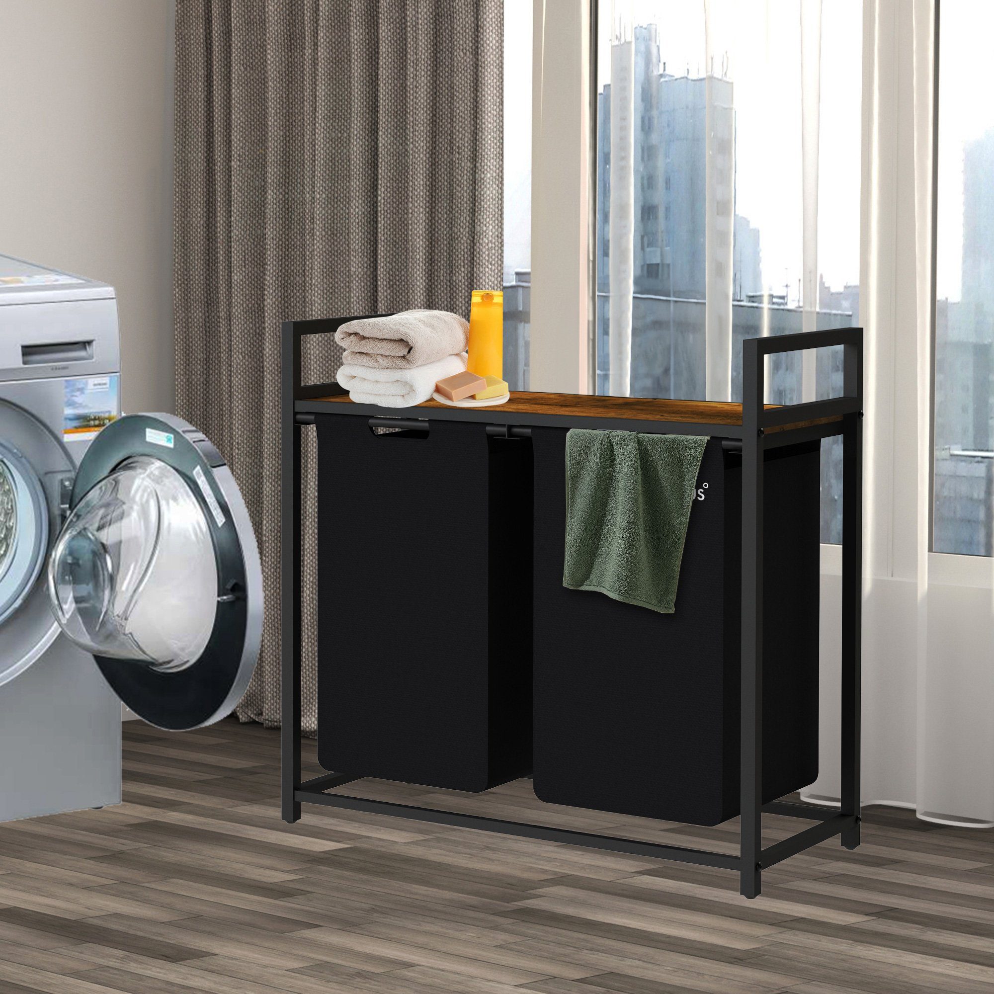 Zelsius Wäschekorb Wäschesammler 2 Fächer, Schwarz, 73x33x72 cm, Wäschekorb günstig online kaufen