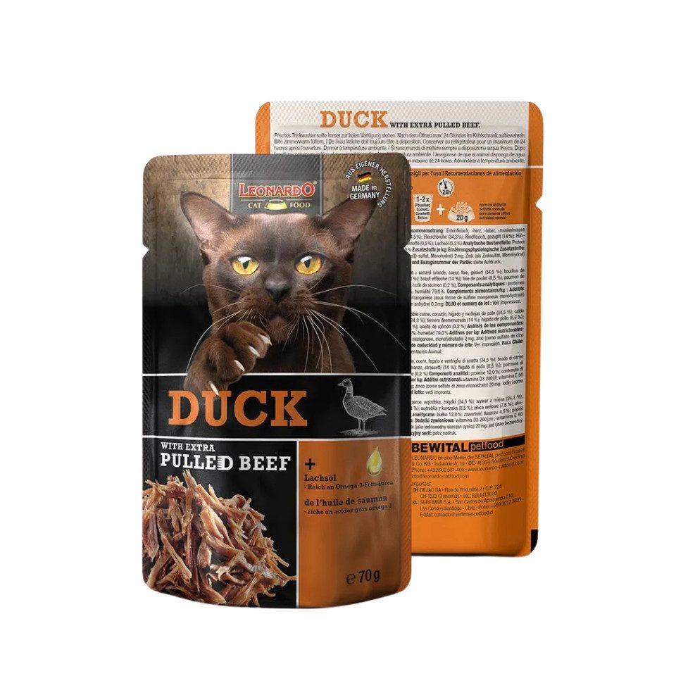 Leonardo Catfood Duck with extra pulled Beef - saftiges Entenpaté mit Rindfleisch 16x70g, Nassfutter für: Katzen