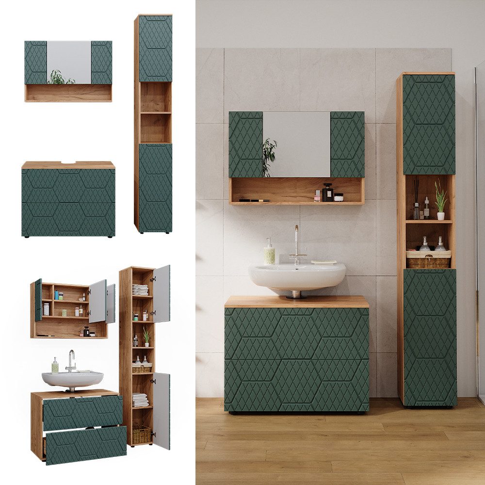 Vicco Badmöbel-Set Irma, Goldkraft Eiche/Grün, 3 Teile, mit Spiegelschrank günstig online kaufen