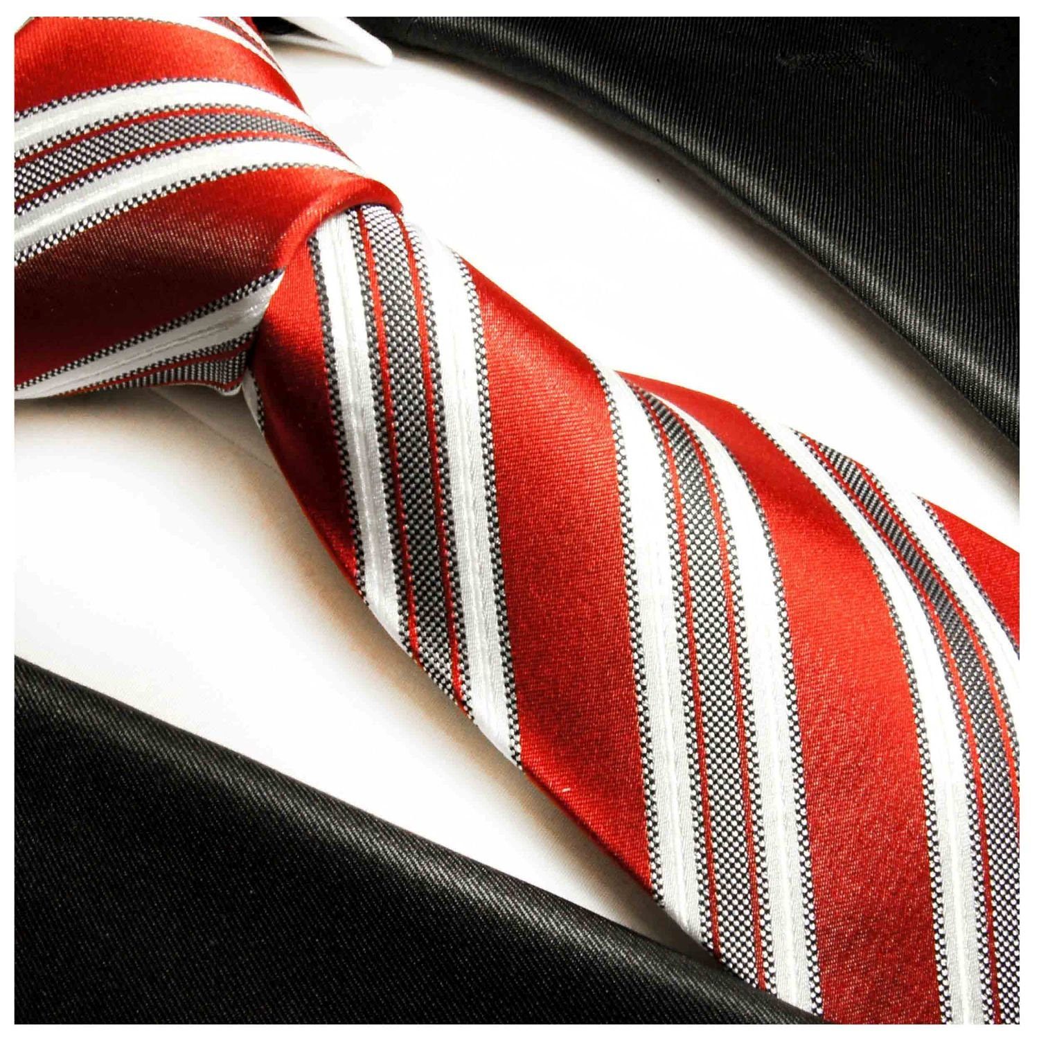 Paul Malone Krawatte 2-St., Seide modern Schmal Herren mit (6cm), 424 Tuch mit Seidenkrawatte (Set, Krawatte 100% Einstecktuch) gestreift rot