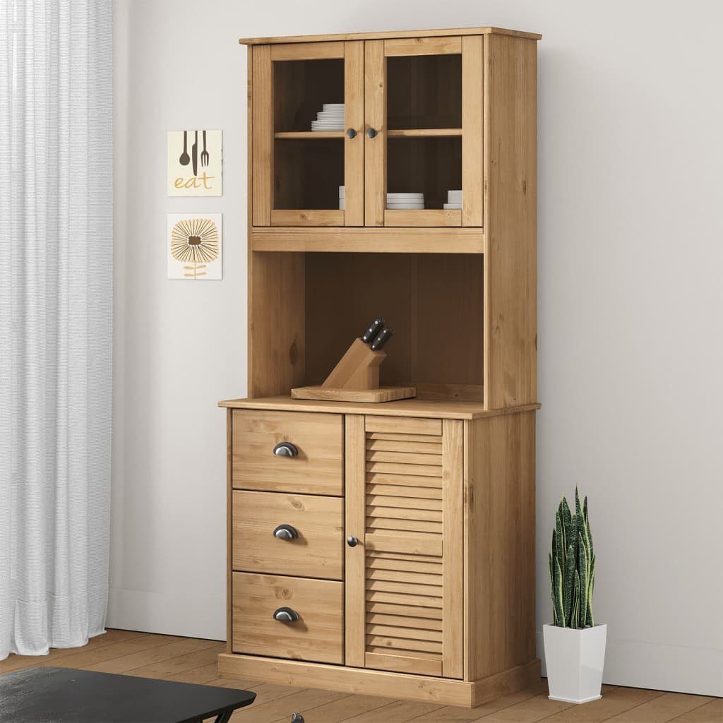 furnicato Aufsatzschrank Sideboard-Aufsatz aus massivem Kiefernholz, Honigwachs-Finish, 78x30x1 (1-St) Oberstück mit Glastüren, Einlegeböden und Jalousie-Design für Buffet