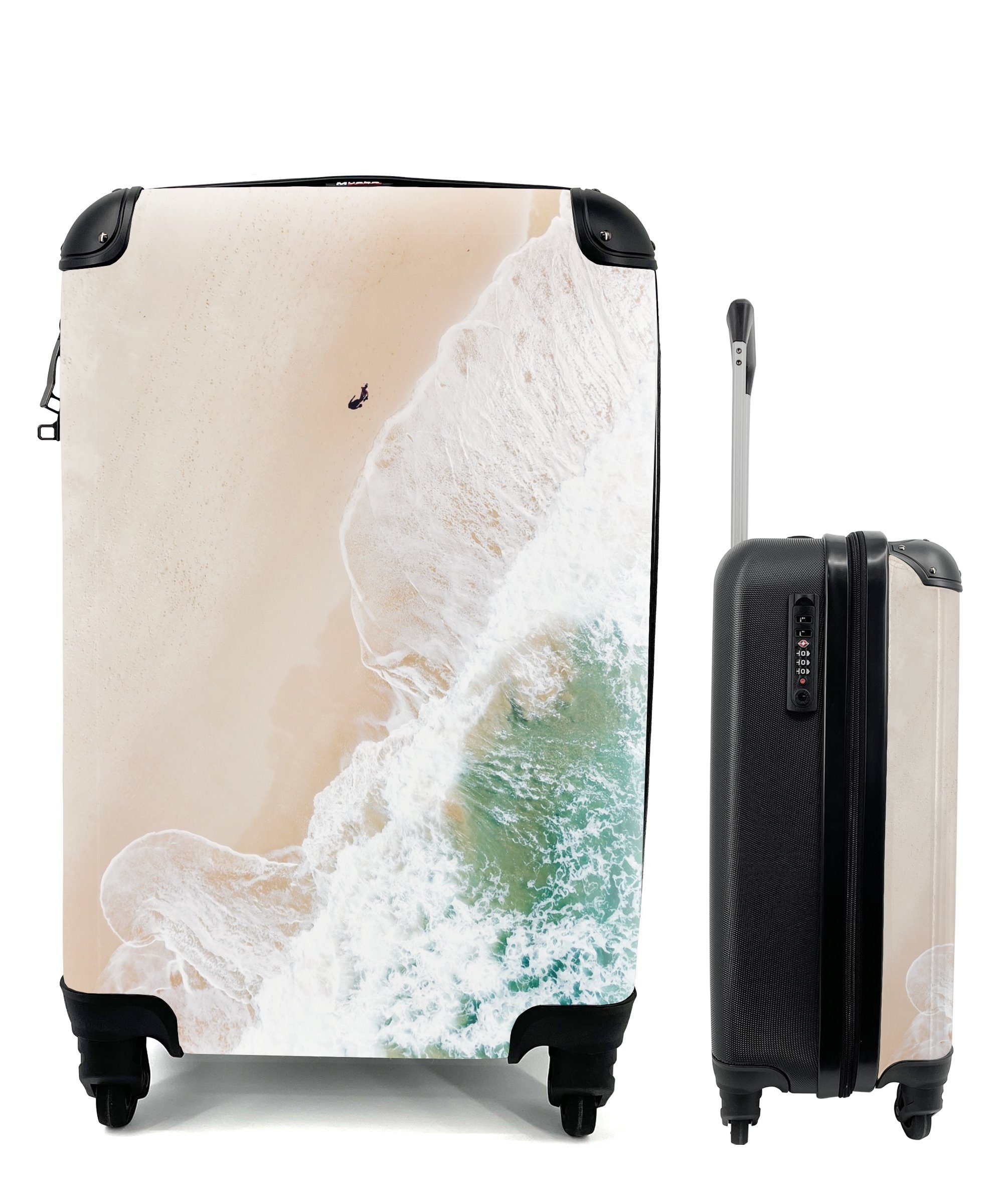 MuchoWow Handgepäckkoffer Strand, Rollen, Wellen Ferien, mit Reisekoffer den 4 Handgepäck rollen, am eines bei blauen Reisetasche für Luftaufnahme Trolley, Mannes