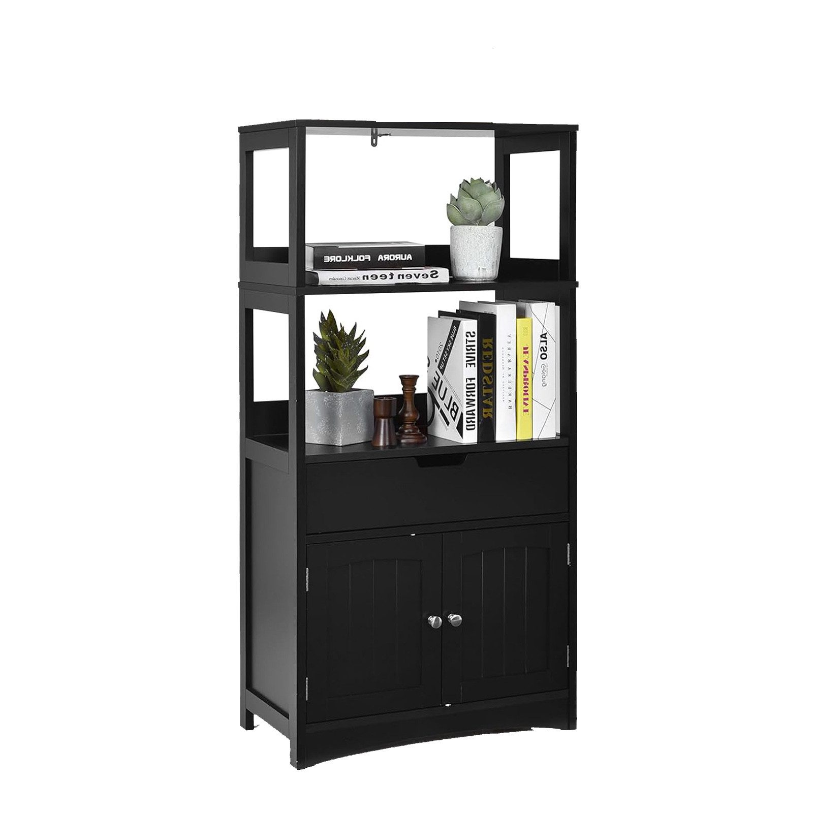 KOMFOTTEU Badregal Badregal Mehrzweckschrank, mit 2 Türen & 3 offenen Regalen & 1 Schublade