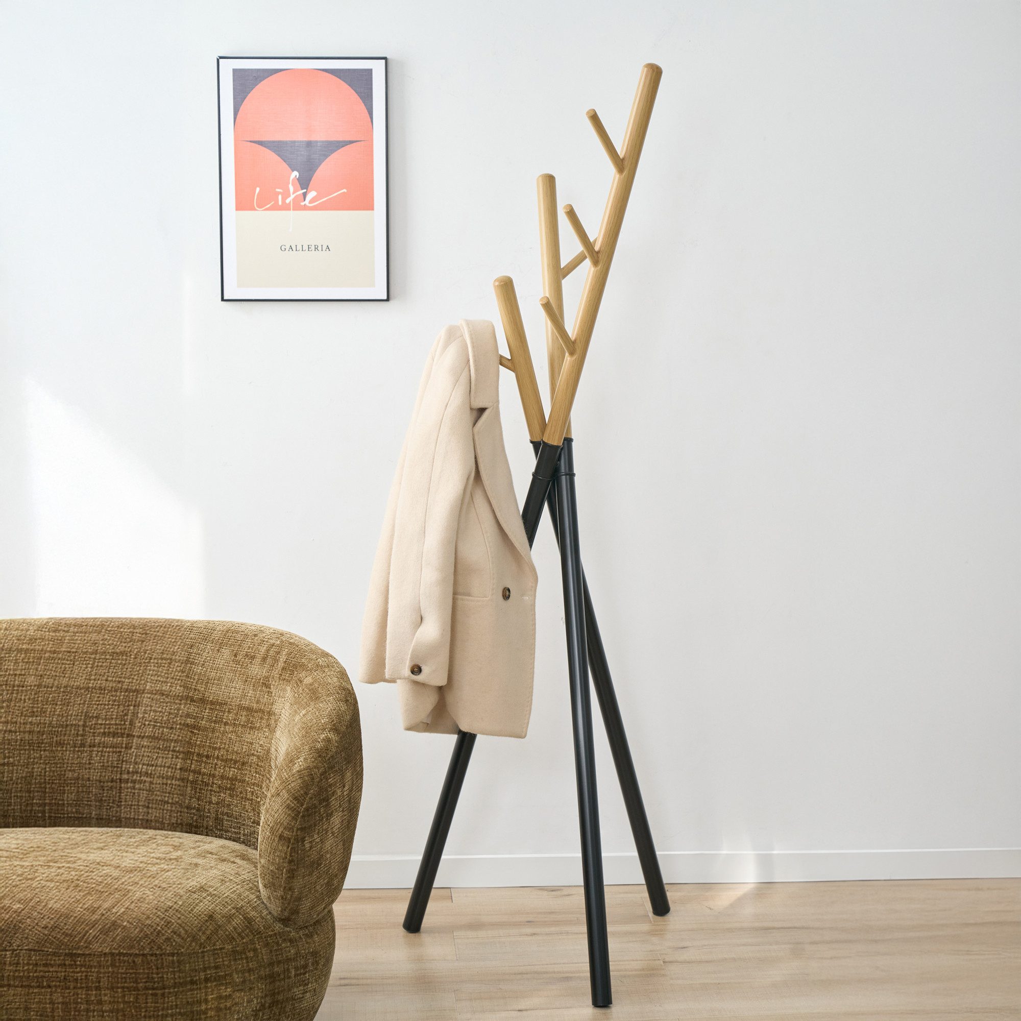 en.casa Garderobenständer, »Laerdal« 5 Haken 172x49x49 cm Baumform Schwarz/Holzoptik