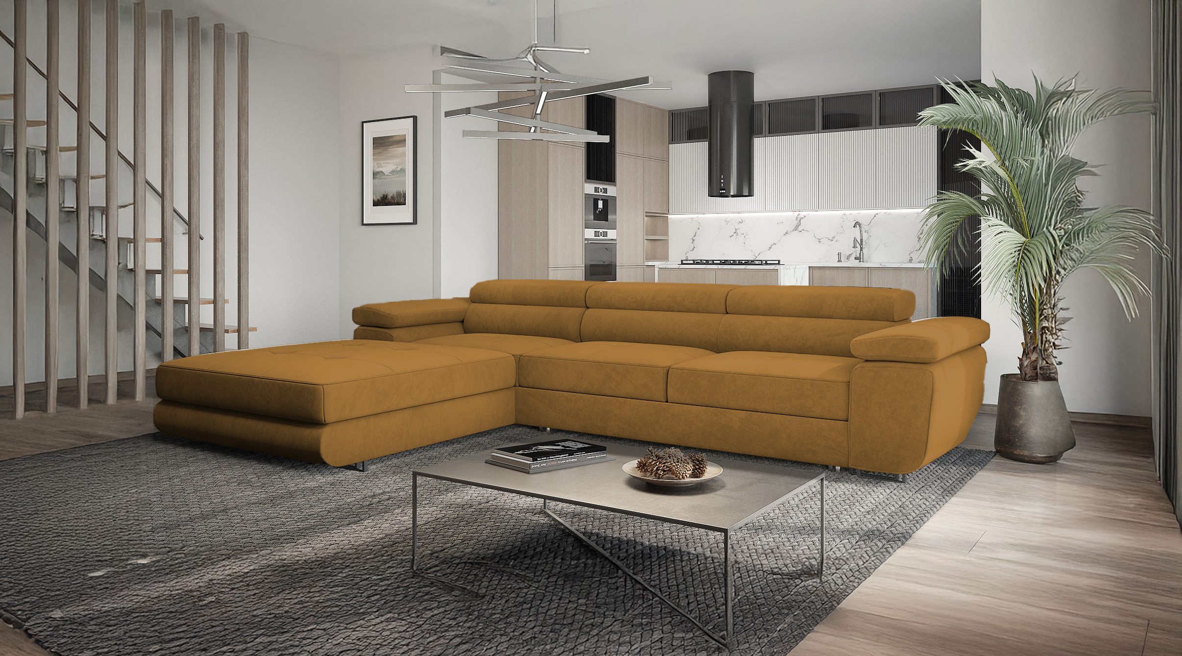 Goldstoff Ecksofa mit Schlaffunktion und Bettkasten, Designer Schlafsofa mi günstig online kaufen