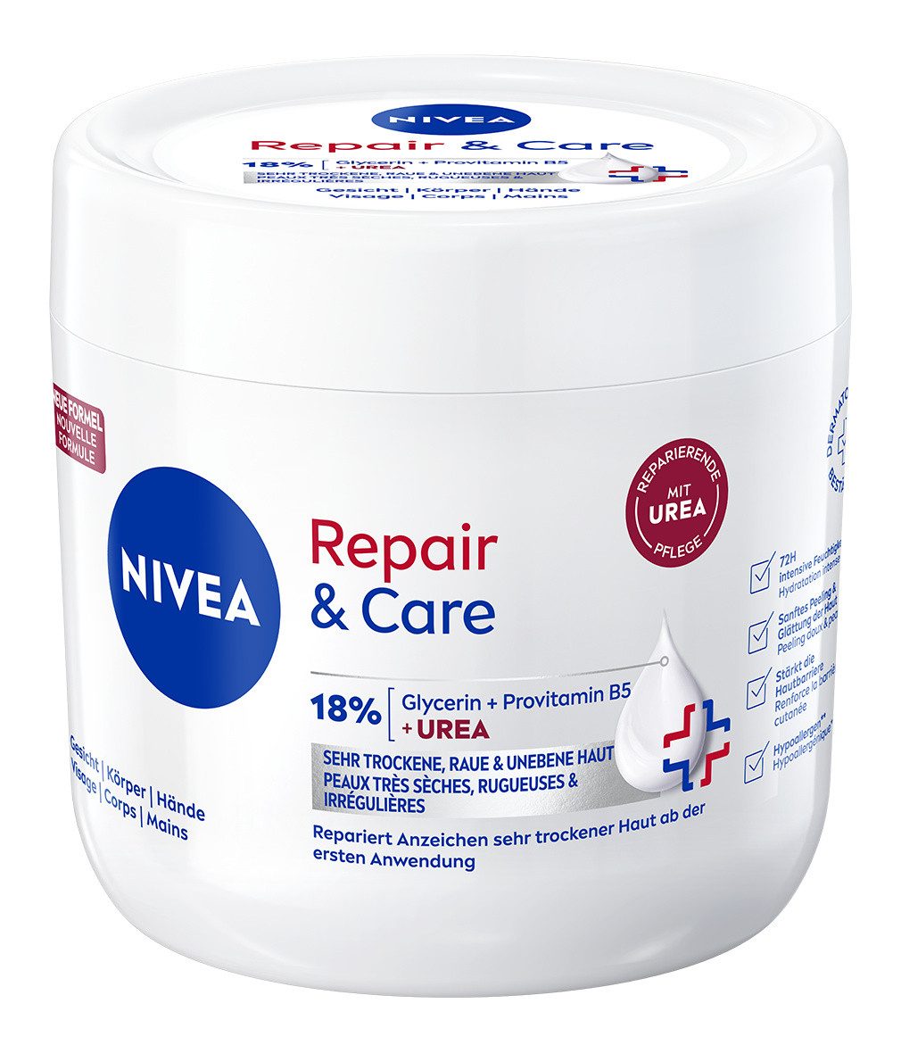 Nivea Feuchtigkeitscreme Repair & Care Creme-Tiegel Urea 2 x 400ml Packung, 2-tlg., Komplex aus 18% Urea, Provitamin B5 und Glycerin