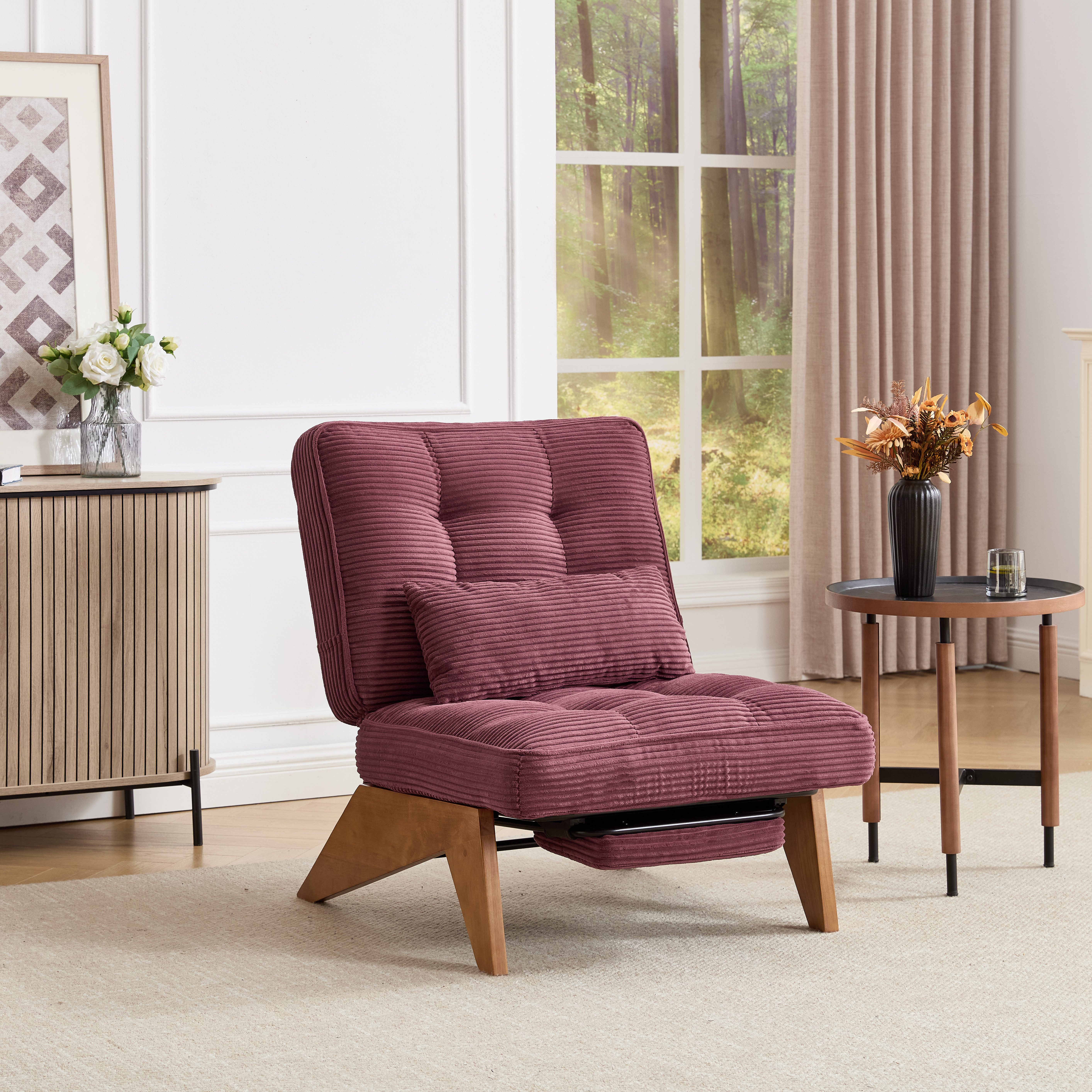 MODFU Loungesessel Relaxsessel aus Kord (Polsterstuhl mit Holzbeinen & Lendenkissen, verstellbare Rückenlehne), mit Lendenkissen und Holzbeinen