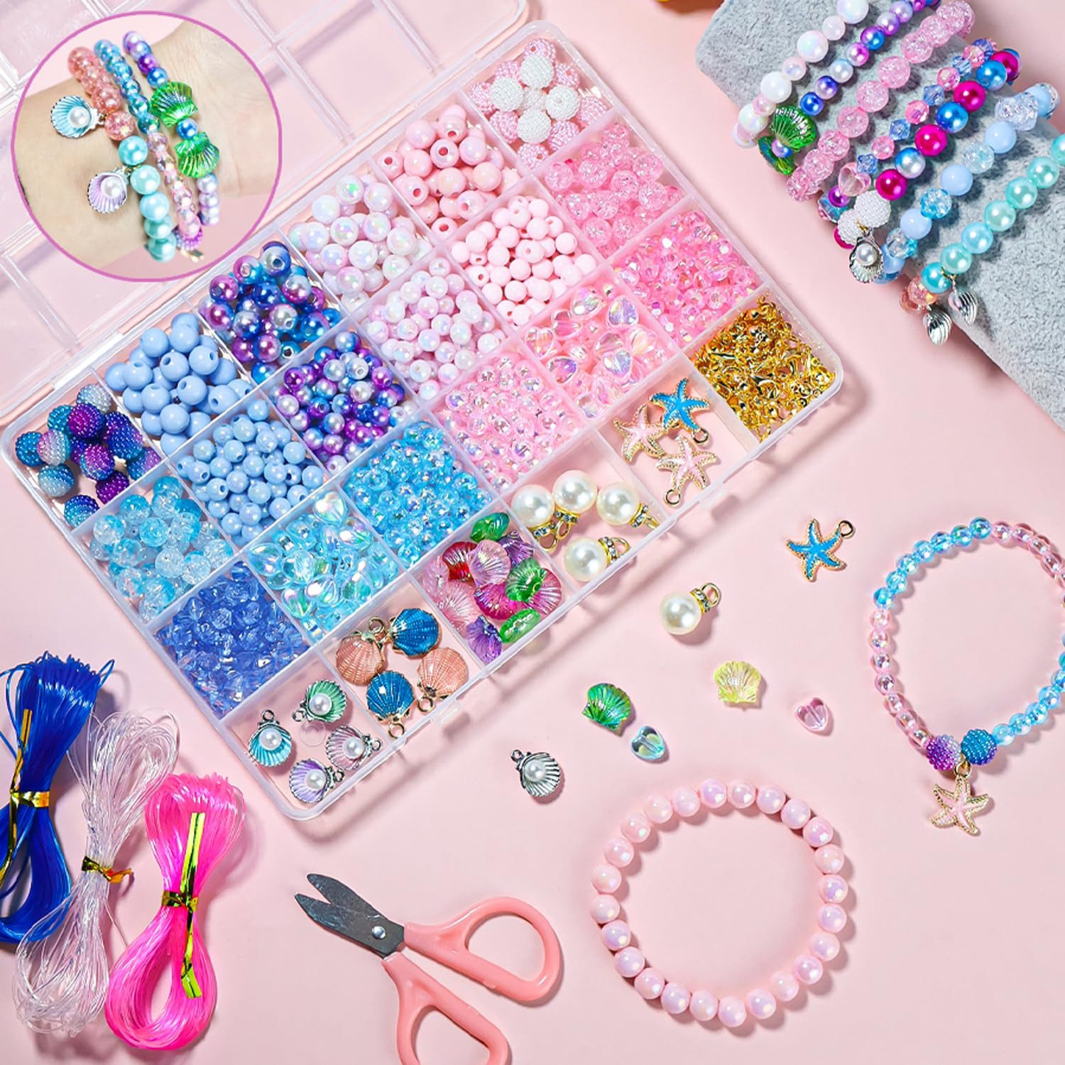 CLTYQ Ketten und Armband Set Armbänder Selber Machen Kinder,Farben Armband Meeresthema Bastelset (625-tlg), Schmuckzubehör zum Auffädeln, DIY Armband Selber Mac – Bild 4 von 5