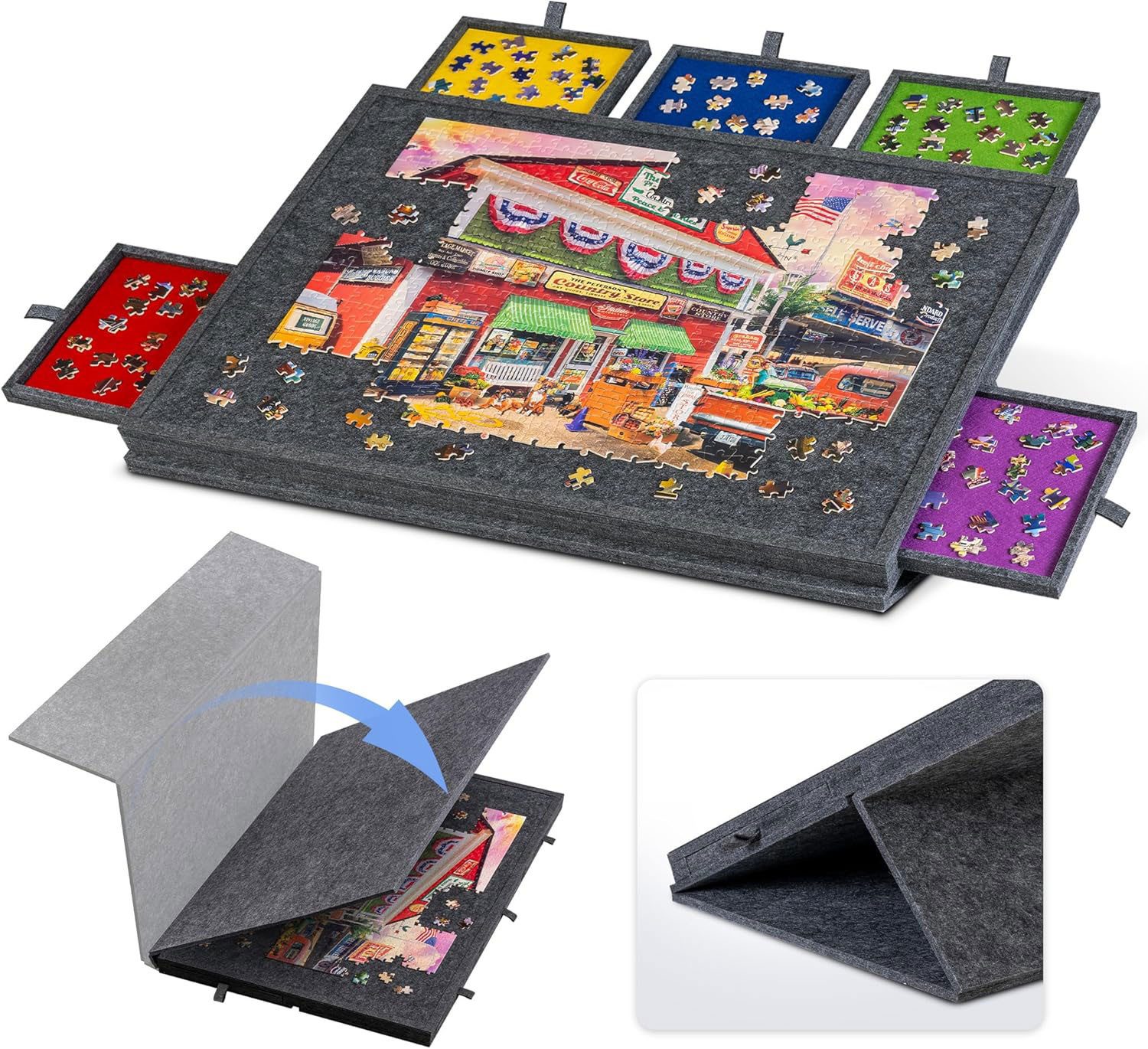 hganus Puzzleunterlage Tragbar Puzzlebrett, 5Schubladen, Filz, verstellbarer Ständer, 2-in-1 Puzzletisch für Erwachsene & Kinder