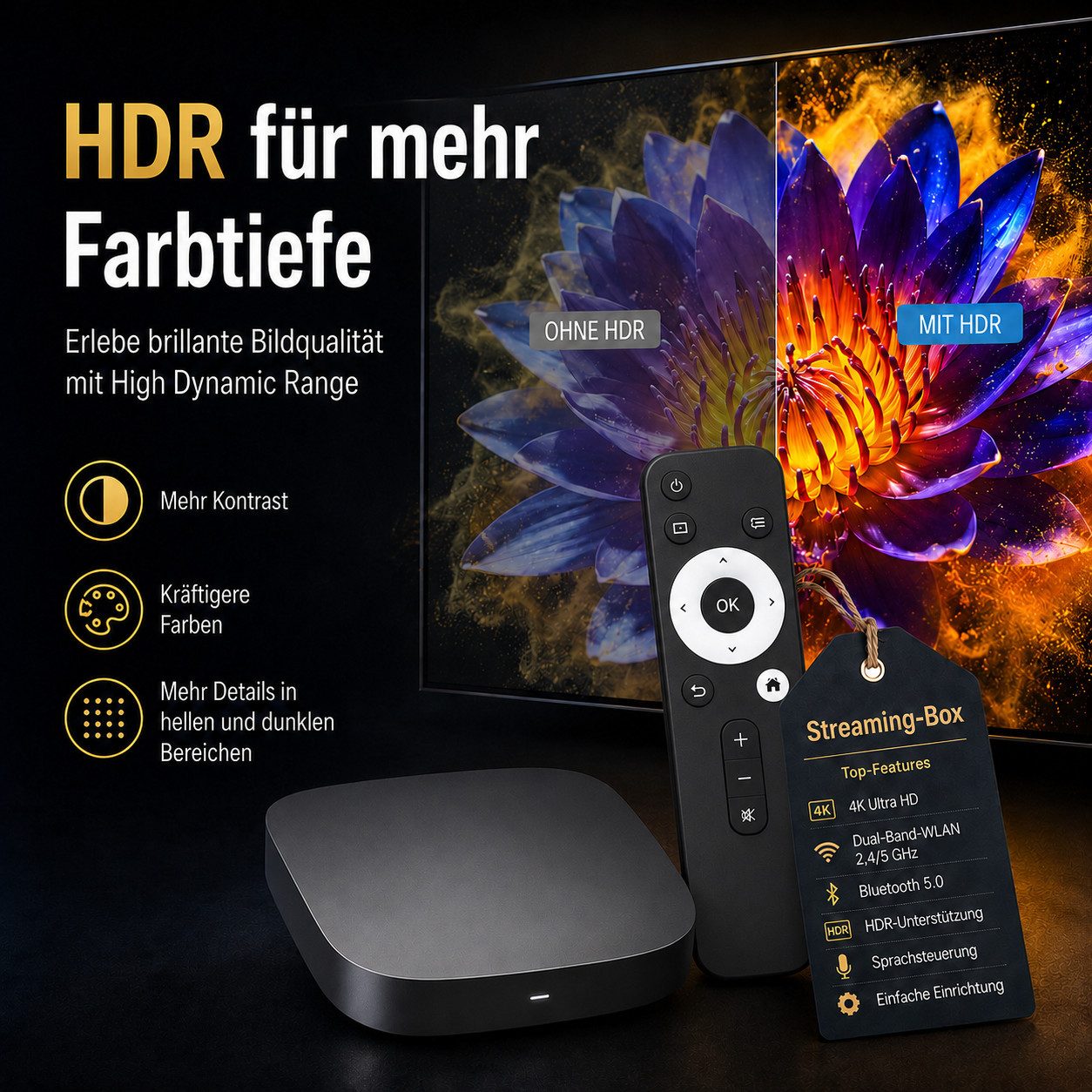 HS.SUPPLY Streaming Boxen 4K Streaming Box mit Sprachsteuerung, Dual-WLAN, HDR & Bluetooth 5.0, (Komplett-Set), 4K-UHD-Wiedergabe, HDR-Unterstützung, Screen Mirror