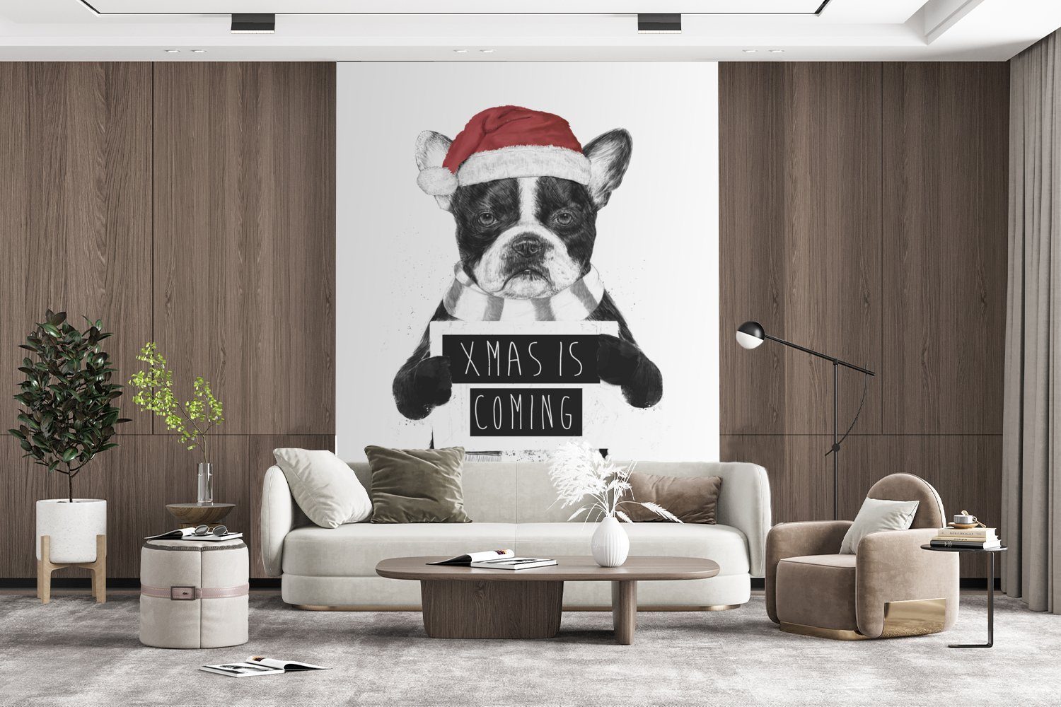 Tapete (4 Fototapete bedruckt, Montagefertig für - - Vinyl - Wandtapete Hund Tiere, St), Matt, Weihnachtsmütze MuchoWow Schal Wohnzimmer,