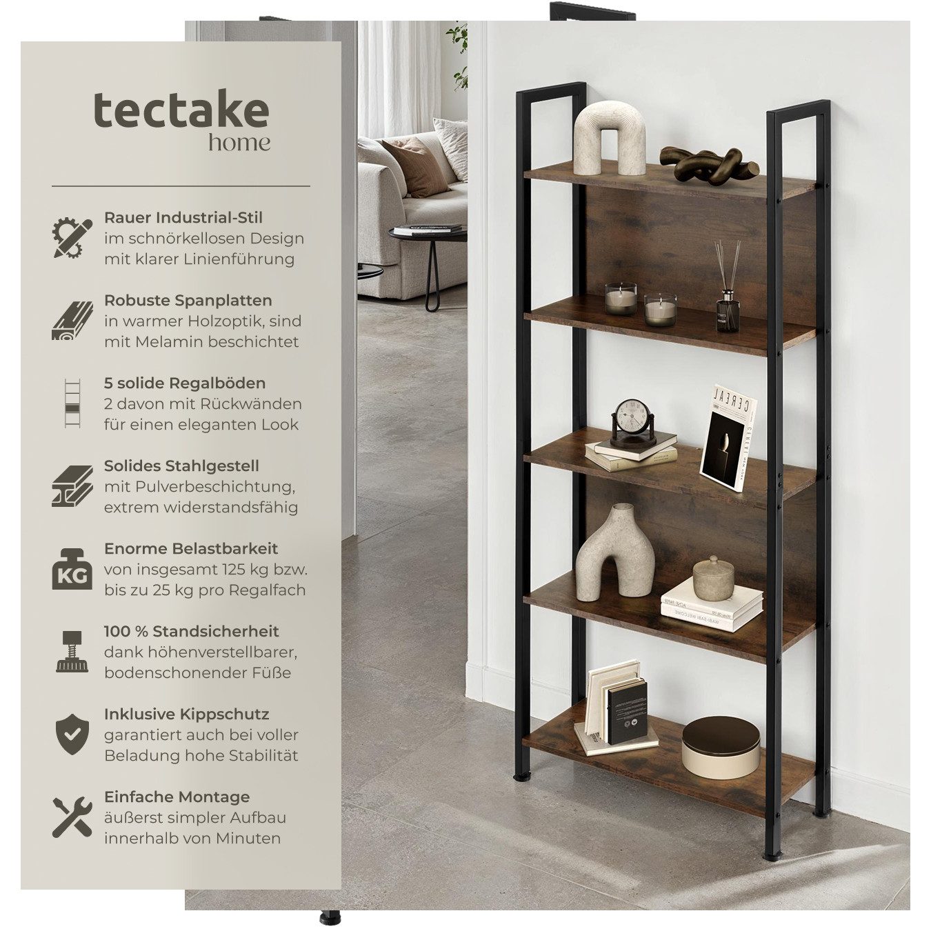 tectake Bücherregal Standregal, inklusive Kippschutz, 62 x 24 x 165,5 cm, H günstig online kaufen